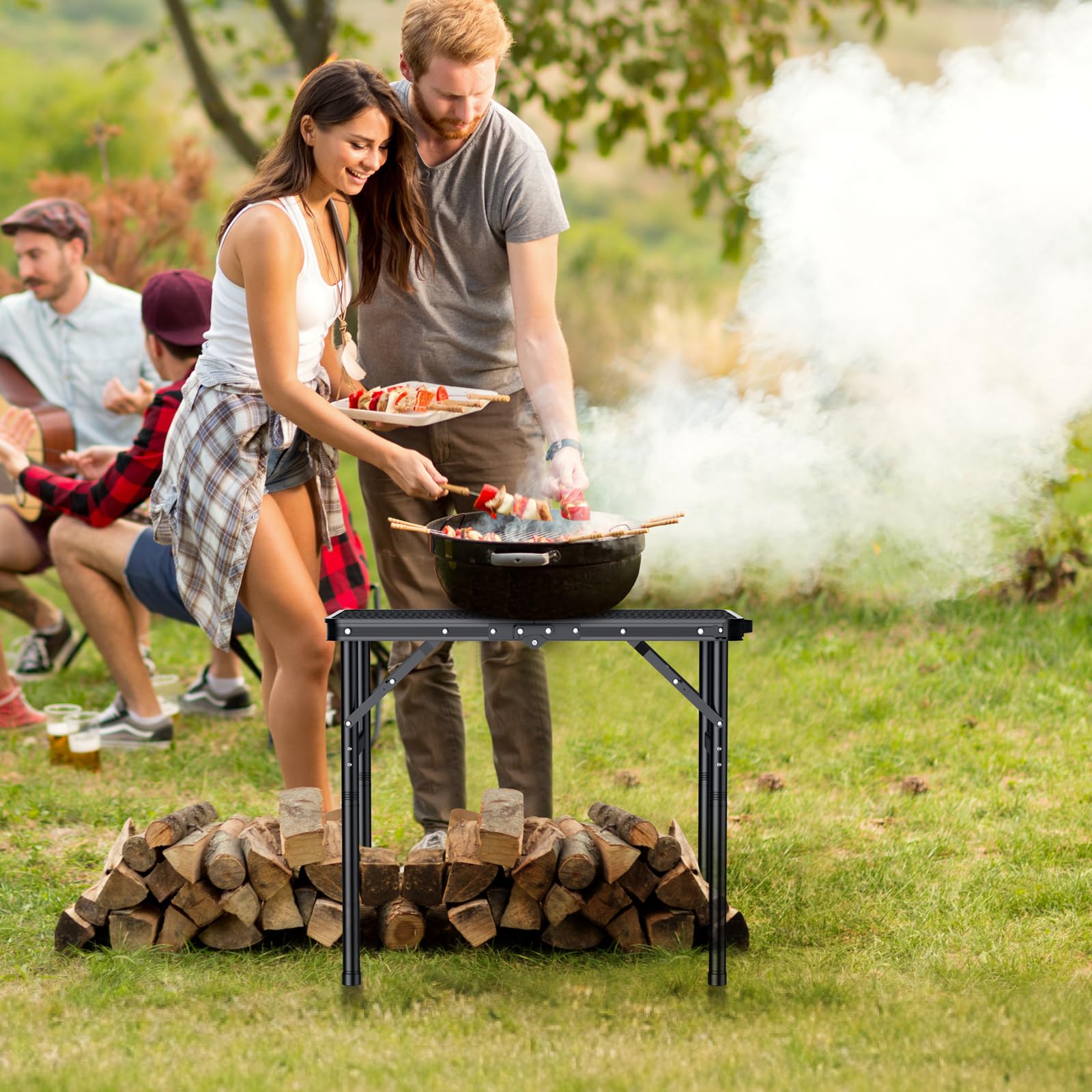 Anbte Mesa Camping Plegable 60x40x27/51/74.7cm Mesa de Parrilla 3 Alturas Ajustables con Tablero de Malla Resistente al Calor Impermeable para Cocinar Barbacoa Picnic(Instalación Roscada)