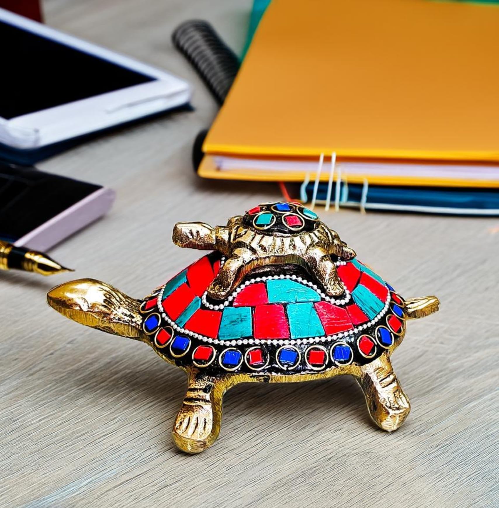Sanskriti Decor Presents Brass Vastu Feng Shui Tortoise/Kachua with Baby for Career & Good Luck, Wealth & Success in Business, Home Decor/Heavy Meena Work kachuwa