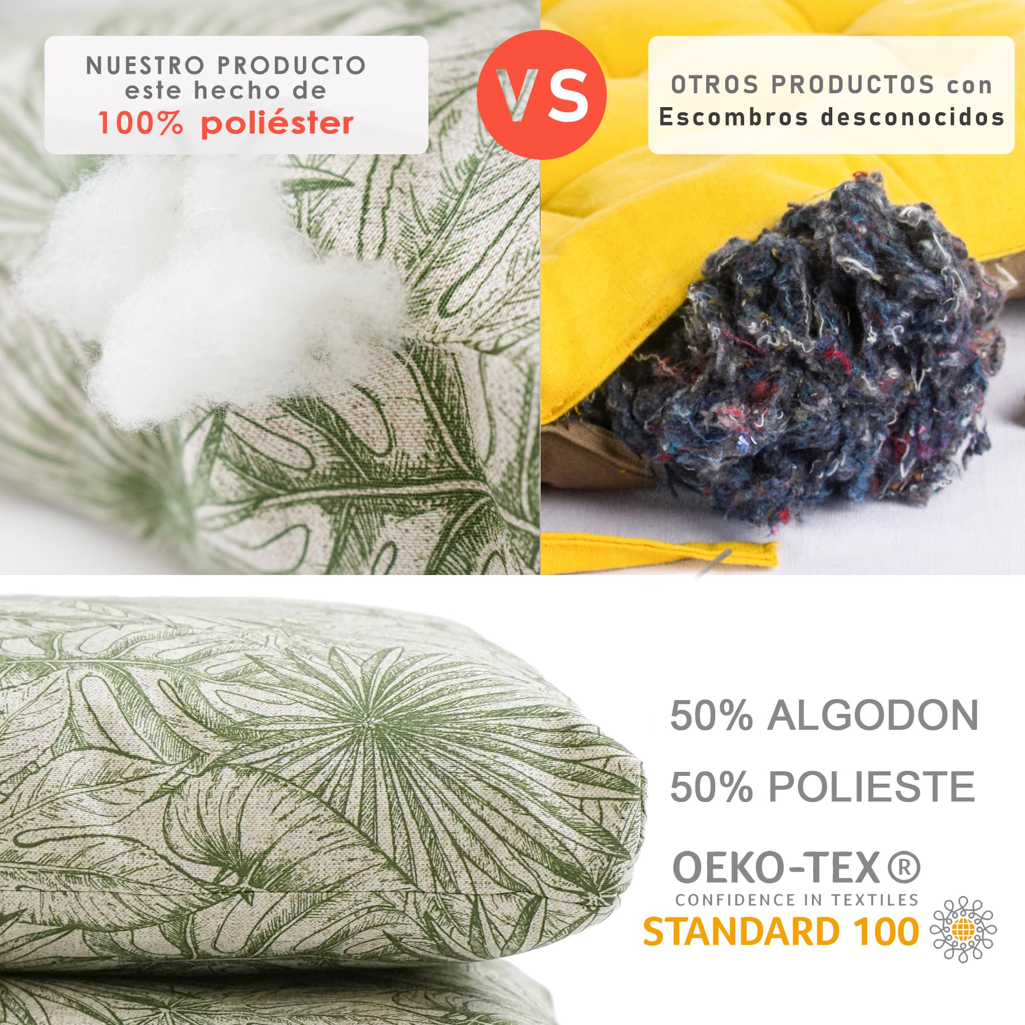 Viste tu hogar Pack 6 Cojines Silla Exterior 40x40cm, Tela Alta Densidad, 50% algodón 50% Poliéster, Impermeables, Resistentes UV Y Desgarro, Lazos De Sujeción,Hoja Gruesa Verde,Fabricado En España