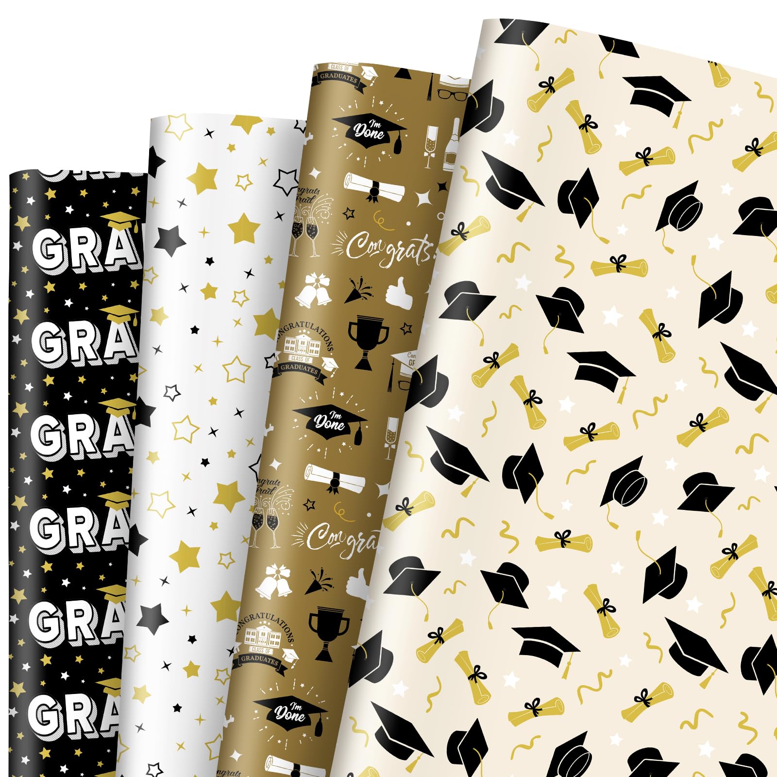 JarThenaAMCS Graduation Wrapping Paper -Not Roll- Black Gold Gift Wrap Paper Folded Flat Grad Cap Star Craft Paper for 2025 Congrats Grad Party
