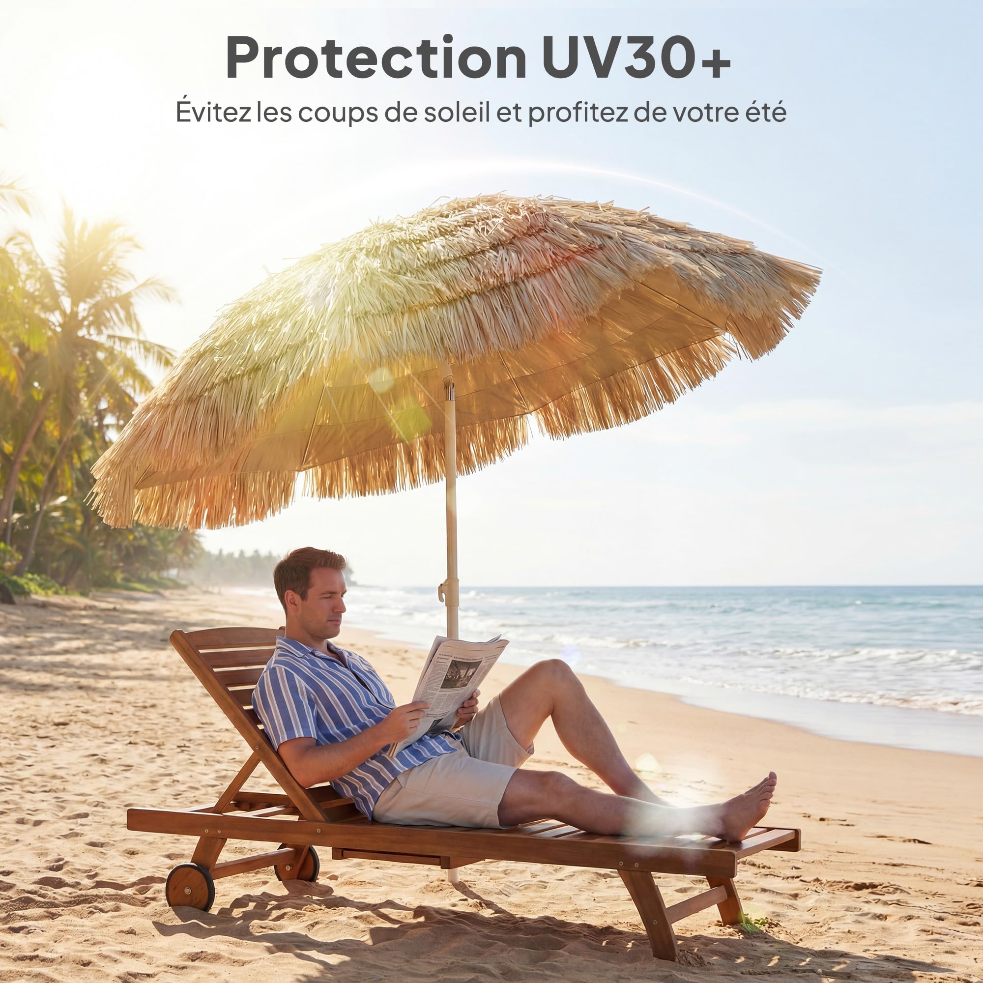 Outsunny Parasol de plage Ø 1,85 m Grand Inclinable Style Hawaïen Kaki