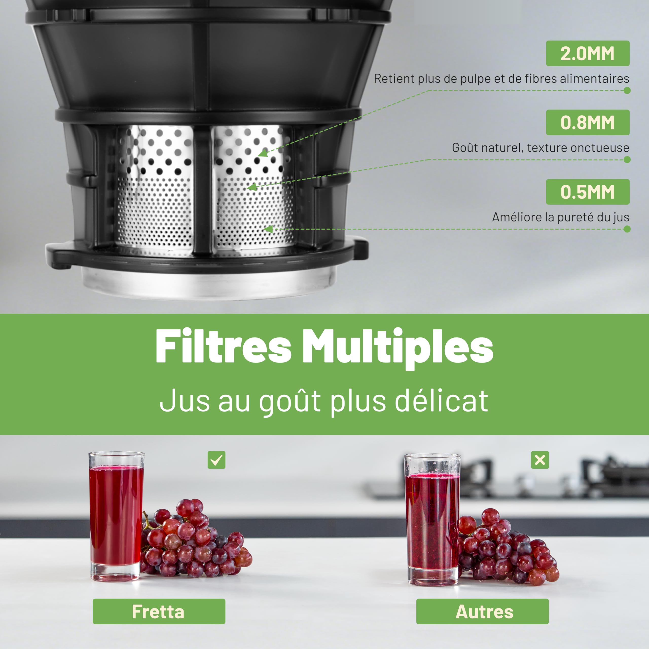 Fretta Extracteur de Jus à Mastication Lente 250W, Grande Goulotte 135mm, Sans BPA, Noir