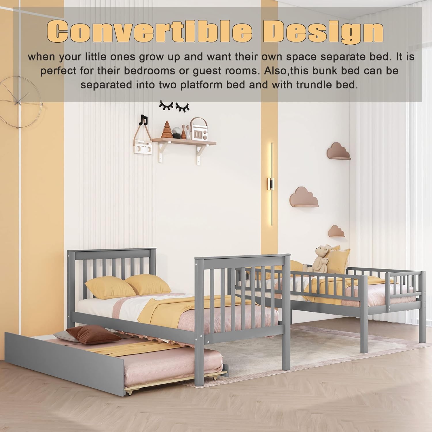 Harper & Bright Designs Wood Bunk Bed with Trundle and Staircase, Twin Over Twin Bunk Beds Frame with Storage Shelf, Safety Rail for Kids Teens, Can be Separated into 2 Beds (Twin Over Twin, Grey)
