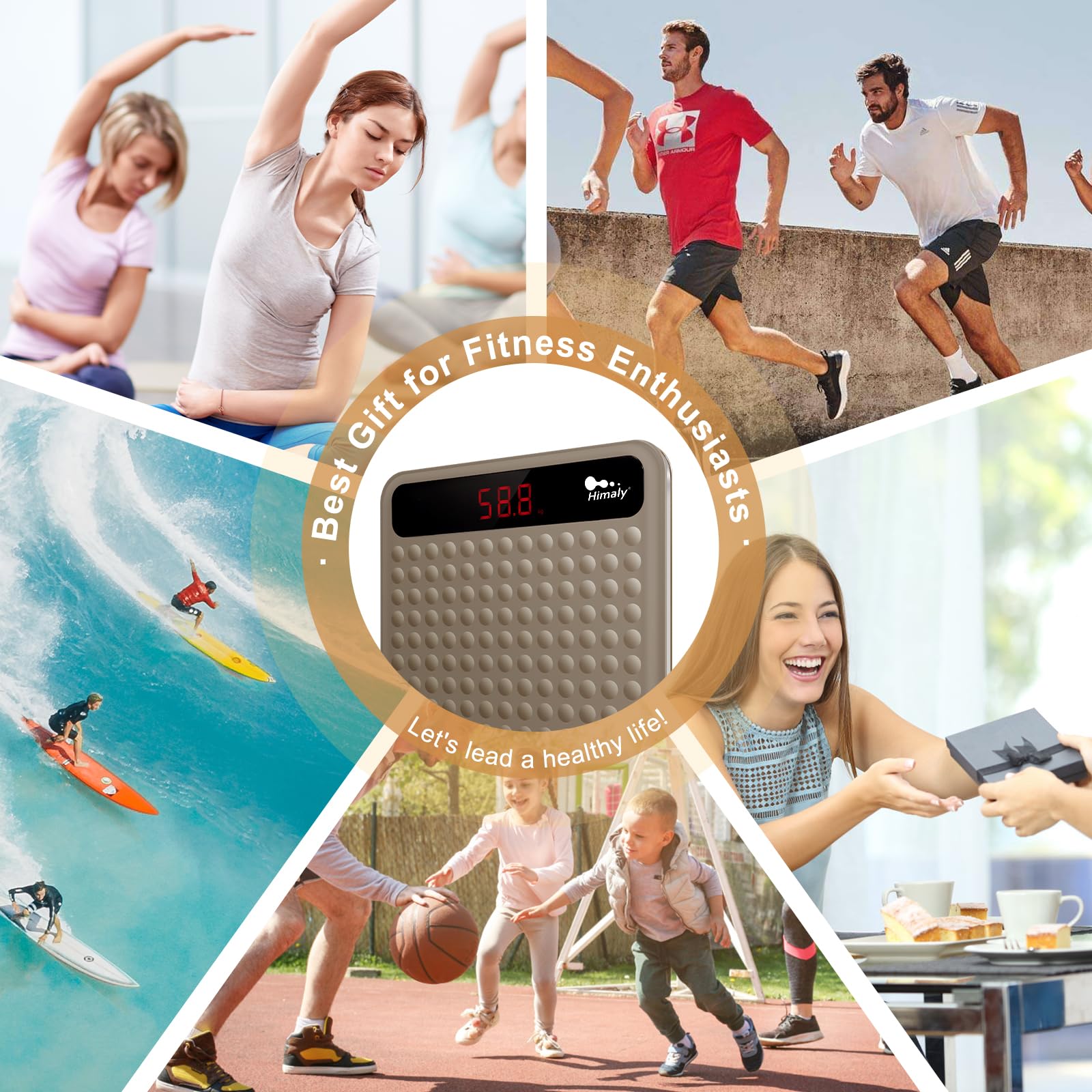 himaly Bilancia pesapersone digitale per bagno, tecnologia Step-On, misura ad alta precisione con grande piattaforma in silicone antiscivolo e display digitale LCD, capacità 180 kg, marrone