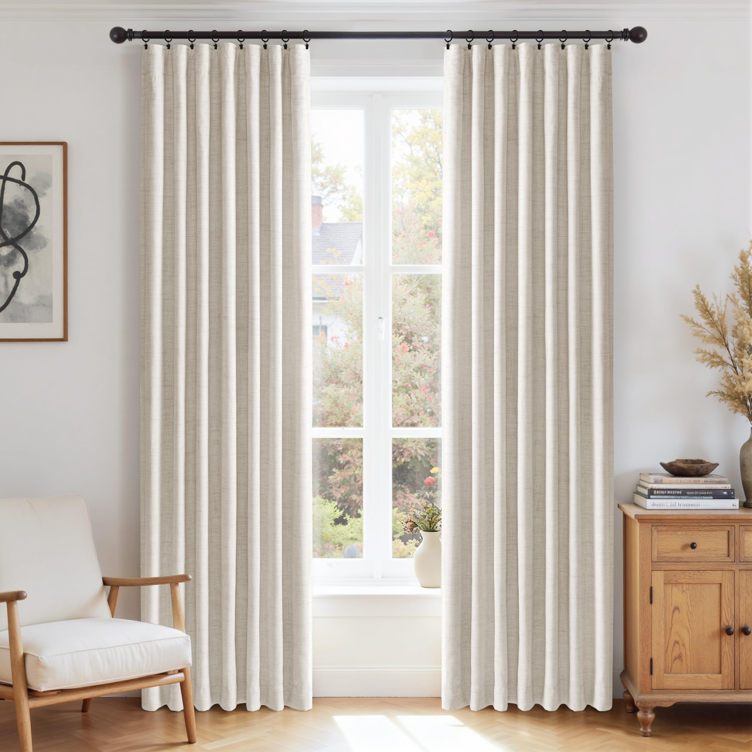 Rideaux occultants Opaques - Lot de 2 - L140 x H245 cm - avec 20 Clips - pour Chambre à Coucher & Salon - Design Lin, Blanc crème