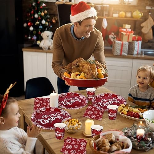 Miniatura 6 de AnyDesign - Platos y servilletas de papel de Navidad, 50 platos y 25 servilletas de almuerzo con 25 tazas, juego de vajilla desechable de copo de