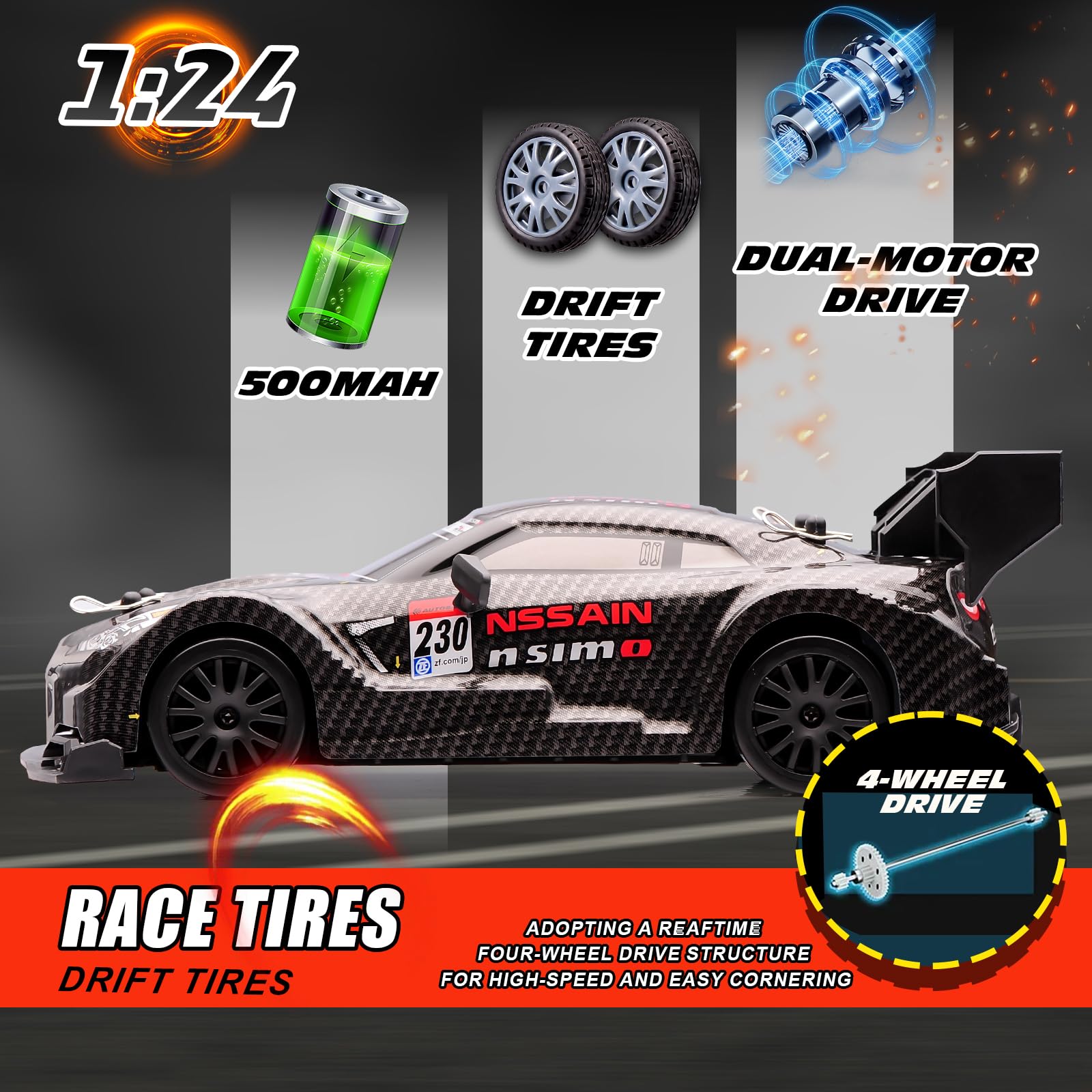 1:24 Scale RC Drift Car,4WD 2.4GHz High Speed Racing Hobby Sport Toy Car Vehicle with LED Lights,Racing and Drift Wheels for Adult Boys Girls Kids Gift (8601-Black)