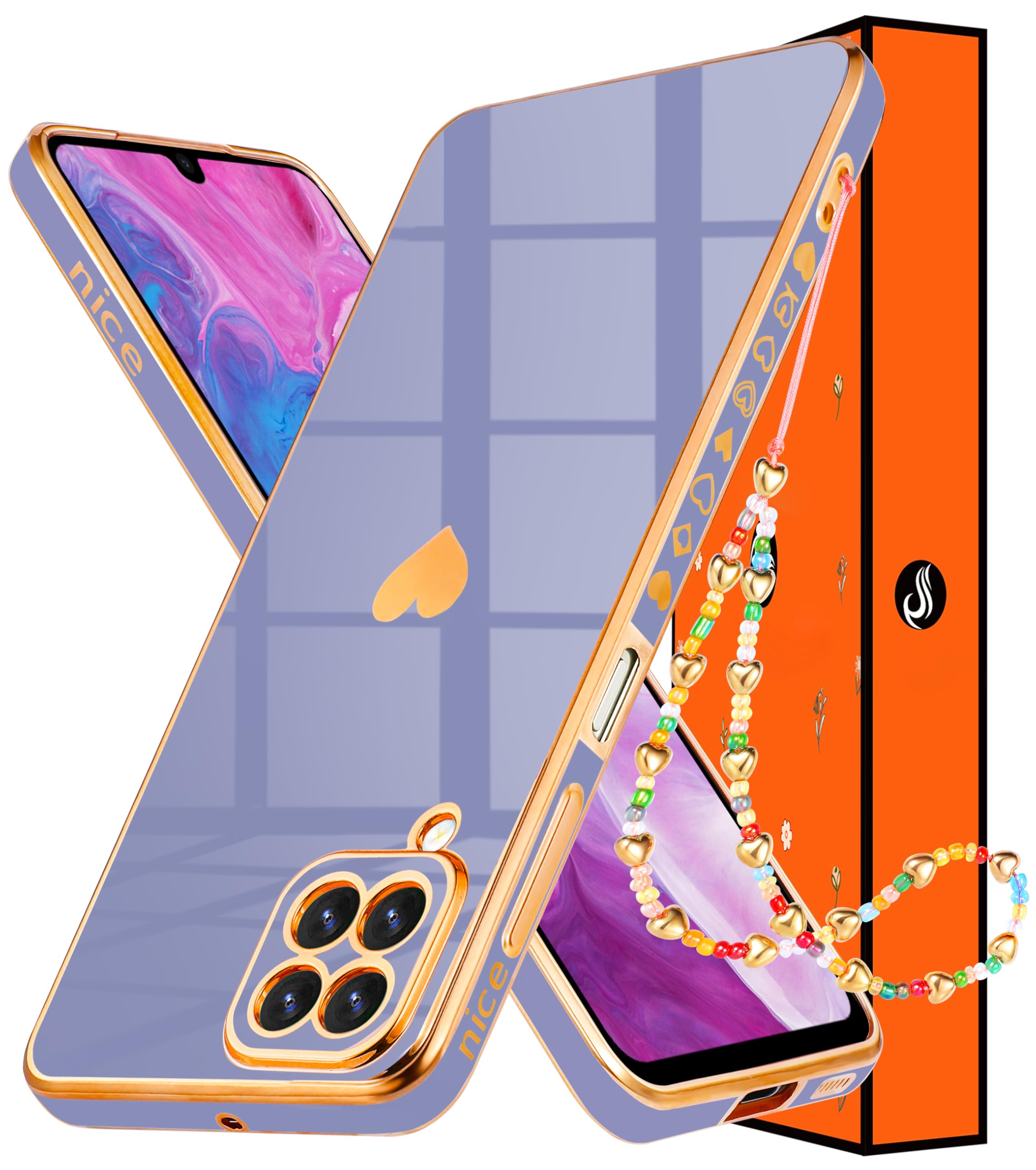 Shorogyt (3in1 Heart Case for Samsung Galaxy A12 5G/4G 6.5 Inch Women Cute Aesthetic Love Hearts Pattern Girls Dark Blue Gold Luxury Girly Design