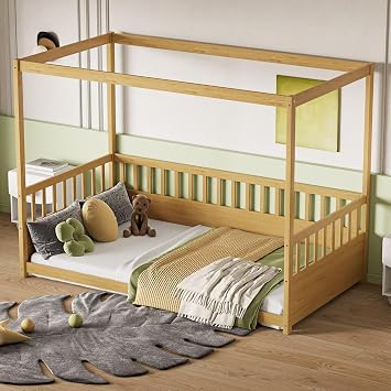 Twin Size Canopy Floor Bed Frame with Guardrails,Montessori Wood Platform Bed with 4-Poster Wood Frame,Drop-Down Roof & 3-Sided Safety Rails,Low Profile,Sturdy Pine Frame,Easy Assembly,Natural