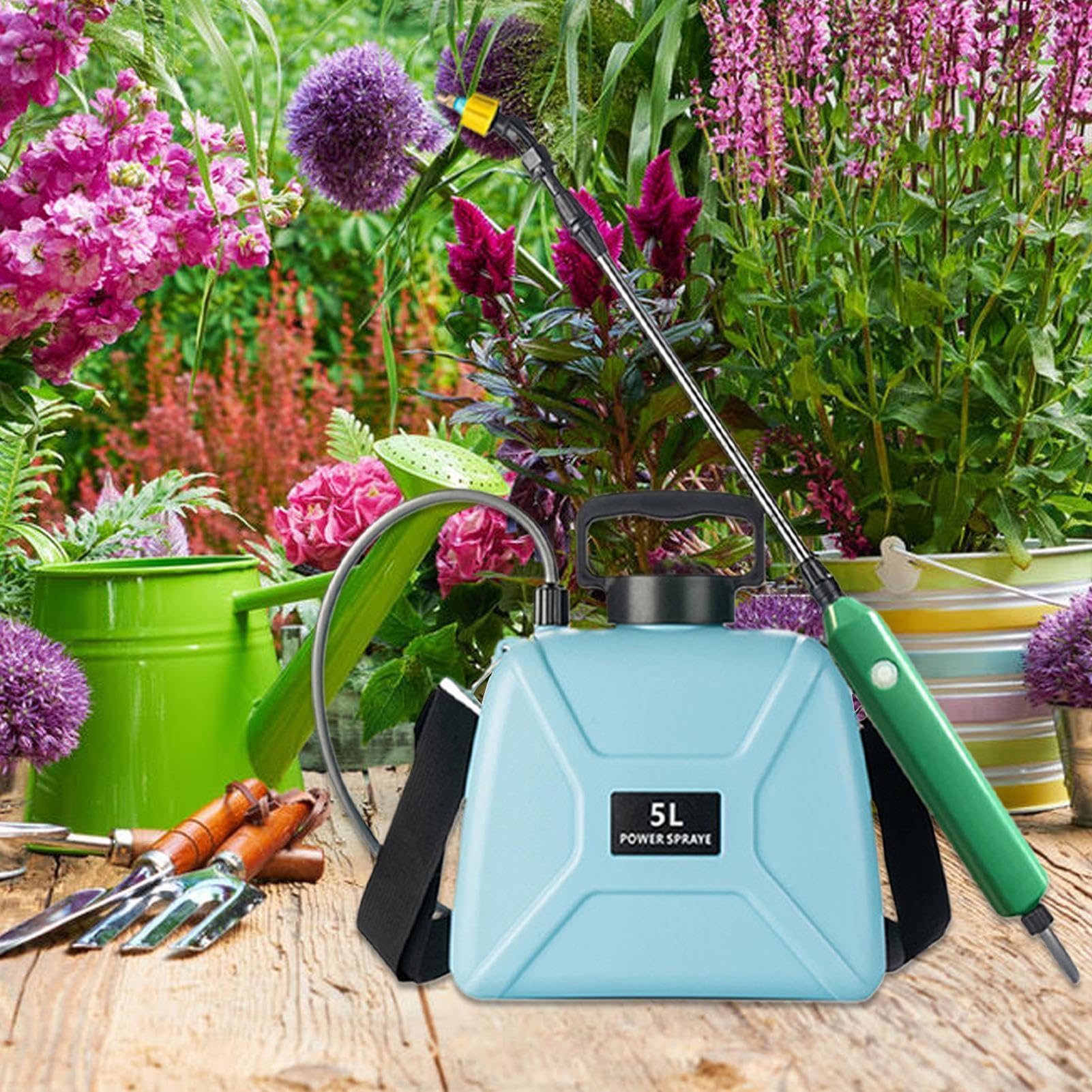 Elektrischer Wassersprüher 3 Düsen Reinigungs-Zerstäuber | 5 L Akku-Gartensprühgerät mit Schultergurt und Teleskoplanze Für Pflanzenpflege Pool Boden Fenster Auto-Detailing Hof Rasen