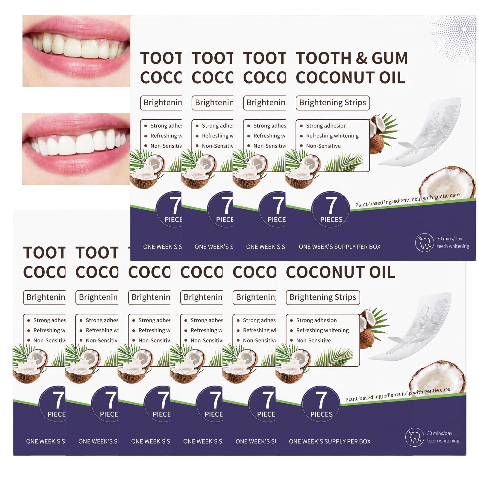 Strisce sbiancanti per denti all'olio di cocco con menta piperita, formula delicata sensibile per la rimozione delle macchie, sbiancante per macchie di fumo di caffè, tè e vino, strisce (10pcs)