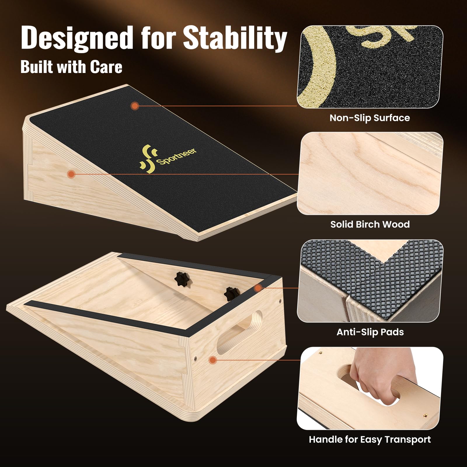Sportneer Wadendehner Schrägbrett 540 KG – 15° / 20° Slant Board für Knieretter, Squat Wedge, Krafttraining & Balance Board Training – Rutschfestes Holz Stretch Board für Zuhause