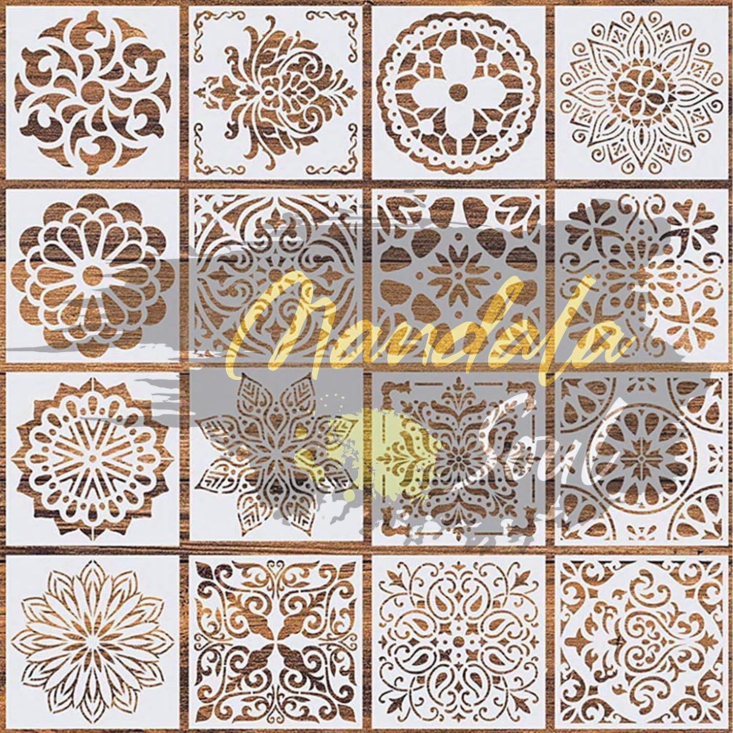 Mandala soul 16 Pcs Stencil Border, Reusable Painting Template for Home Decor, Crafting, DIY Albums and Printing,Art Scrapbook, Cake, Wall, Tile, Fabric 4