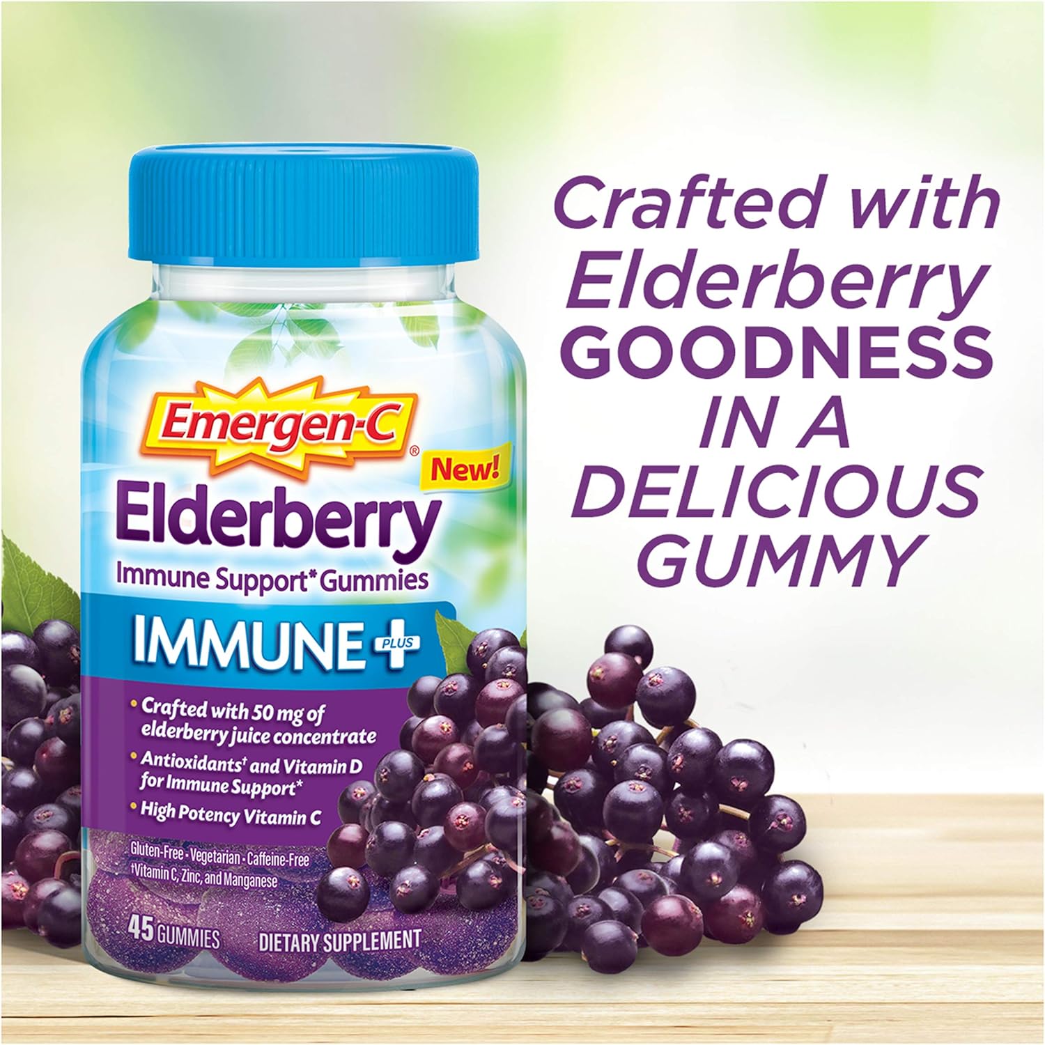 Emergen-C Immune+ Elderberry Gummies, 750 mg Vitamin C with Vitamin D, Zinc and Electrolytes, Immune Support Dietary Supplement, Caffeine Free, Gluten Free, Elderberry Flavor - 45 Count : Health & Household