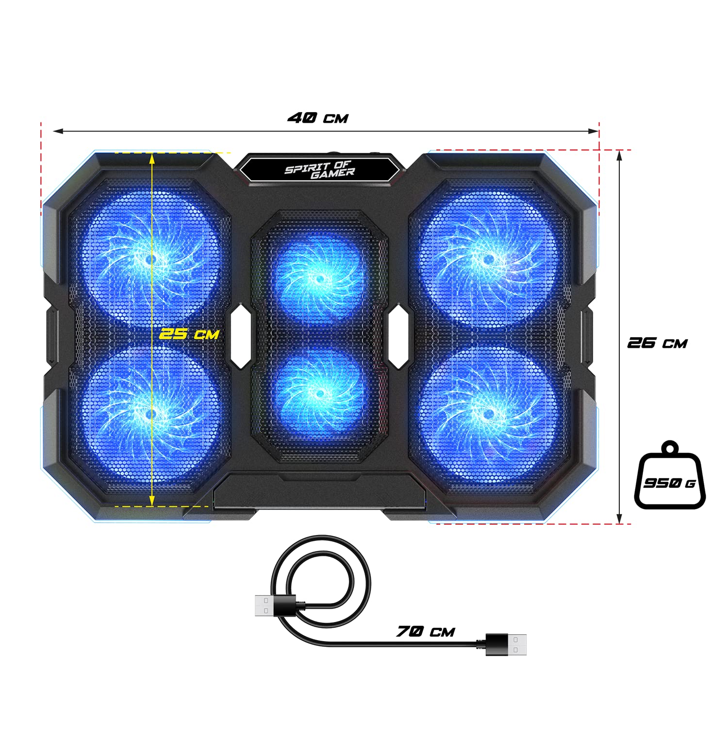 SPIRIT OF GAMER Refroidisseur PC Portable 10"-17" 6 Ventilateurs Silencieux RGB Support Ventilé pour Ordinateur Portable