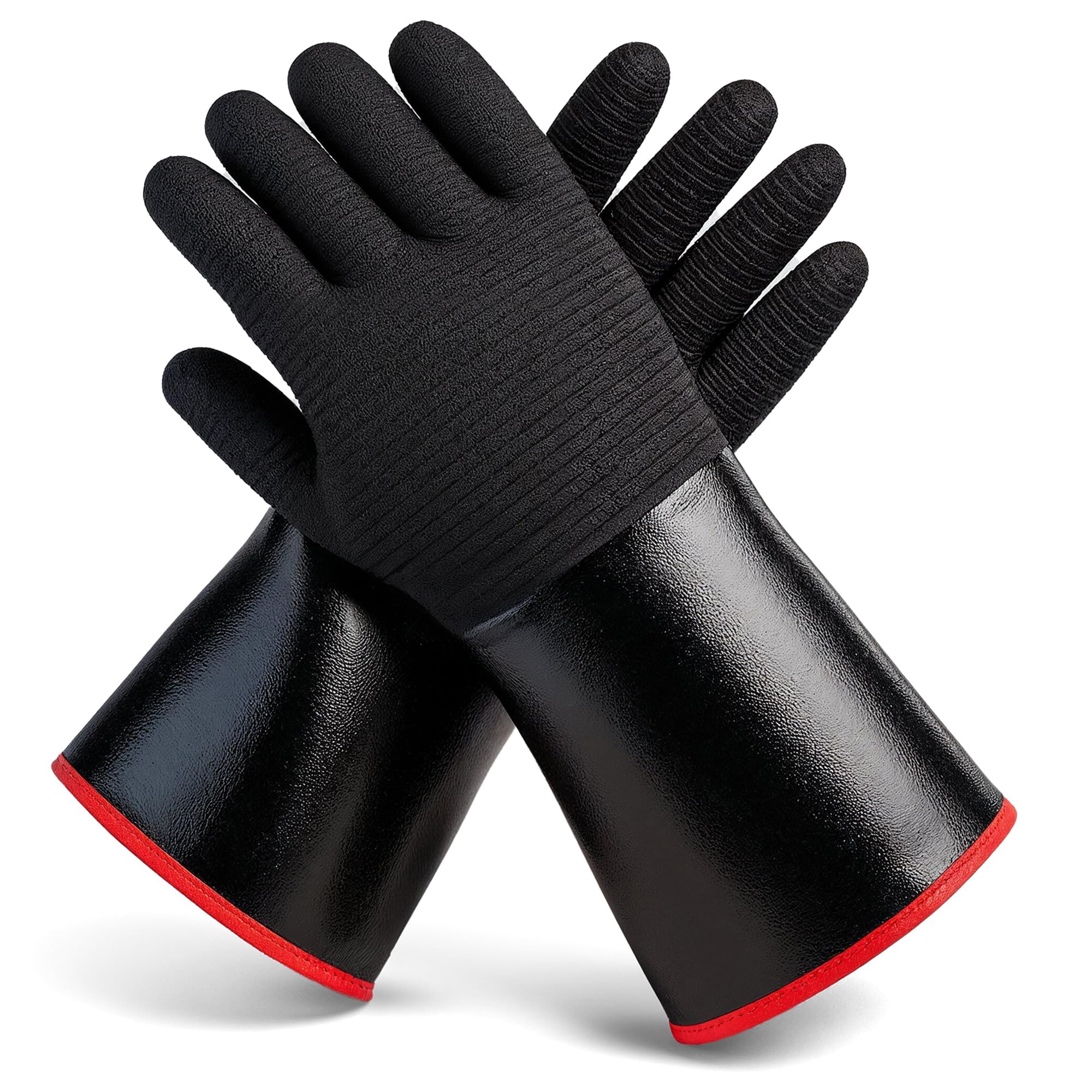 Grill Armor Gloves Women's Black With Red Trim Bbq Gloves - Waterproof And Extreme Heat Resistant Up To 932°F - Food-Grade Neoprene Rubber Mitts For Cooking, Grill, Grilling, Oven, Baking, Fire Pit - Non-Slip Grip, Cotton Lining And 14” Sleeve