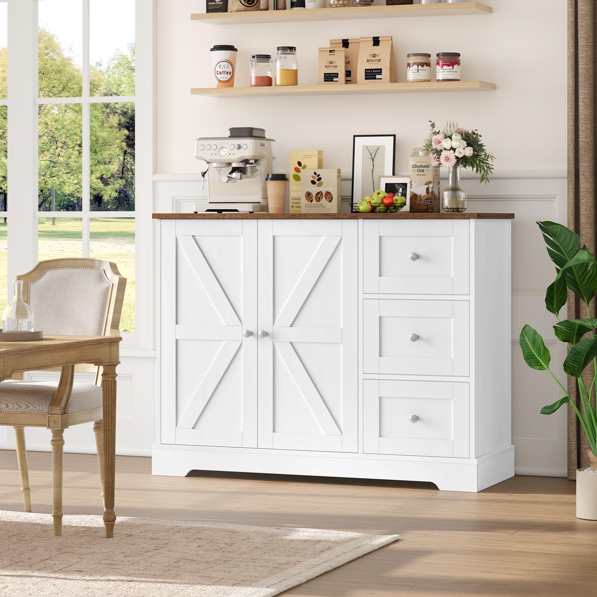 HOCSOK Credenza Cucina, Mobiletto con 3 cassetti e Ripiani, Multiuso Mobile Cucina Salvaspazio, Armadio di Stoccaggio Legno per Cucina, Soggiorno, Sala da Pranzo, Bianco e Marrone, 40x105x81cm | Armadio buffet con piani di lavoro per cucina, sala da pranz