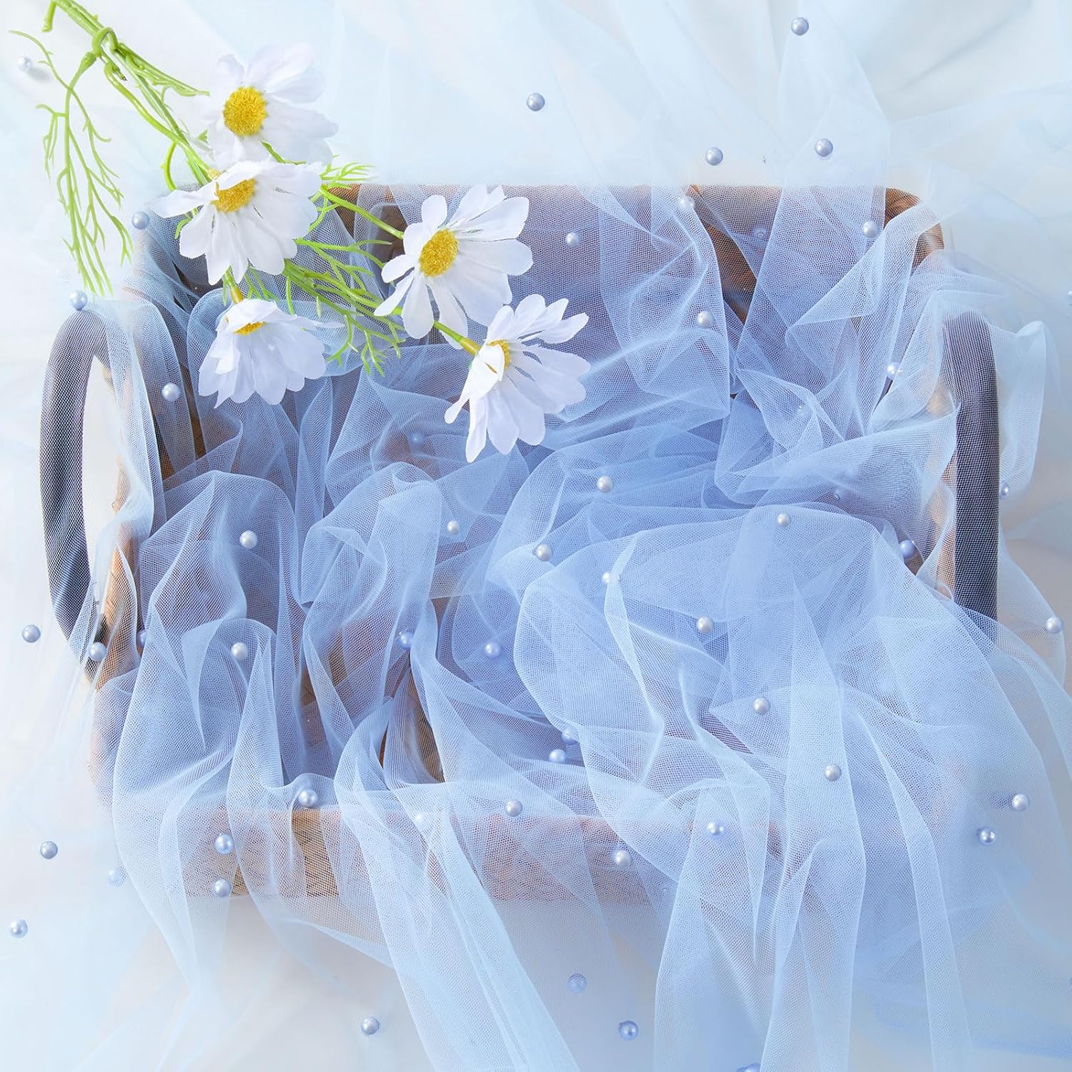 LuoluoHouse 5 Pieces Pearl Table Cloth: Wedding Arch Decorations Baby Blue Lace Fabric for 60x120 Inch Romantic Bridal Shower Cake Topper Sheer Table Runner Decor 10ft
