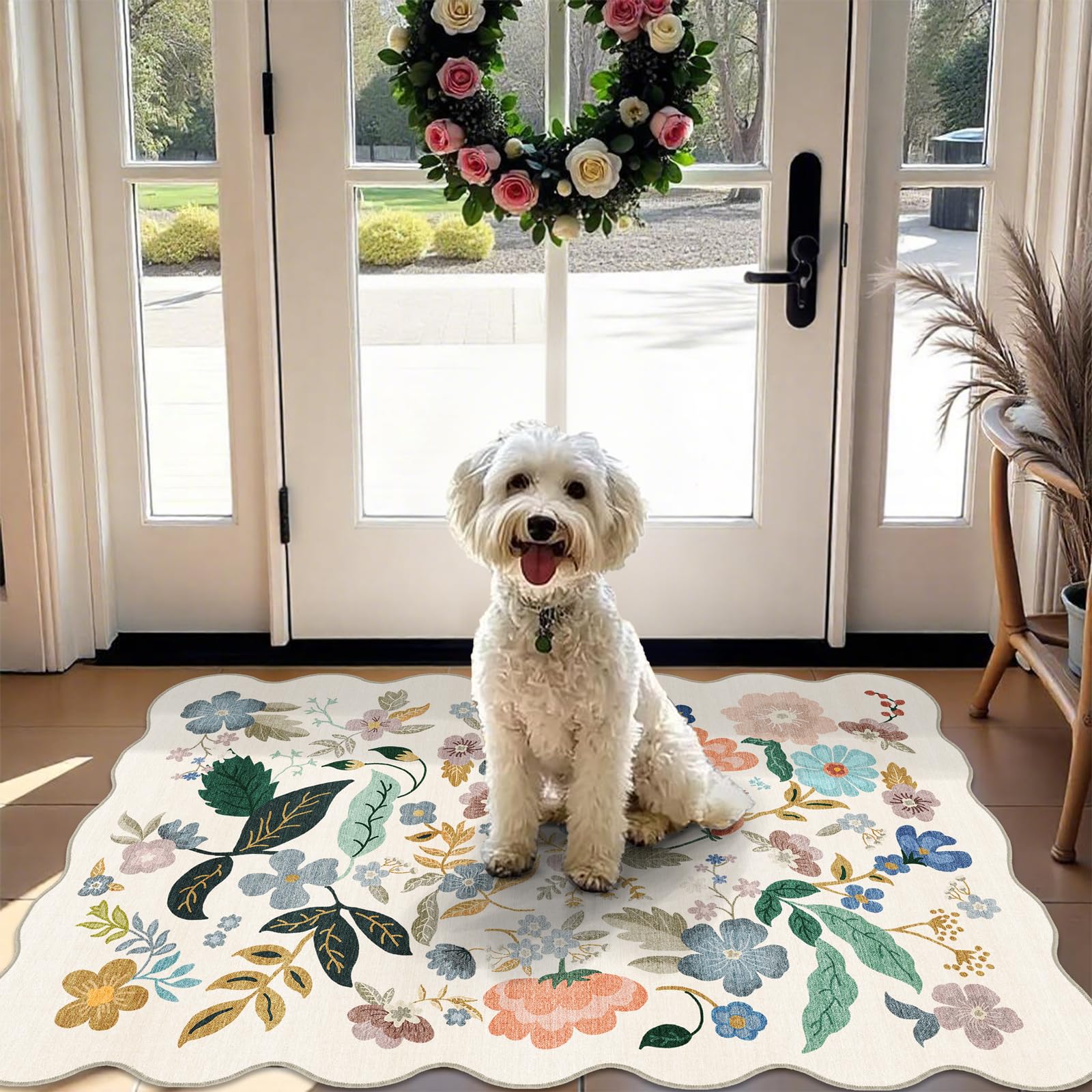 Washable 2x3 Entryway Scalloped Rug: Floral Thin Door Mat Non Slip Water Resistant Kitchen Bathroom Area Rug Indoor Ultra Soft Carpet for Laundry Nursery Living Room Bedroom Soft Floor Mat (2x3,Cream)OEKO-TEX STANDARD 100
