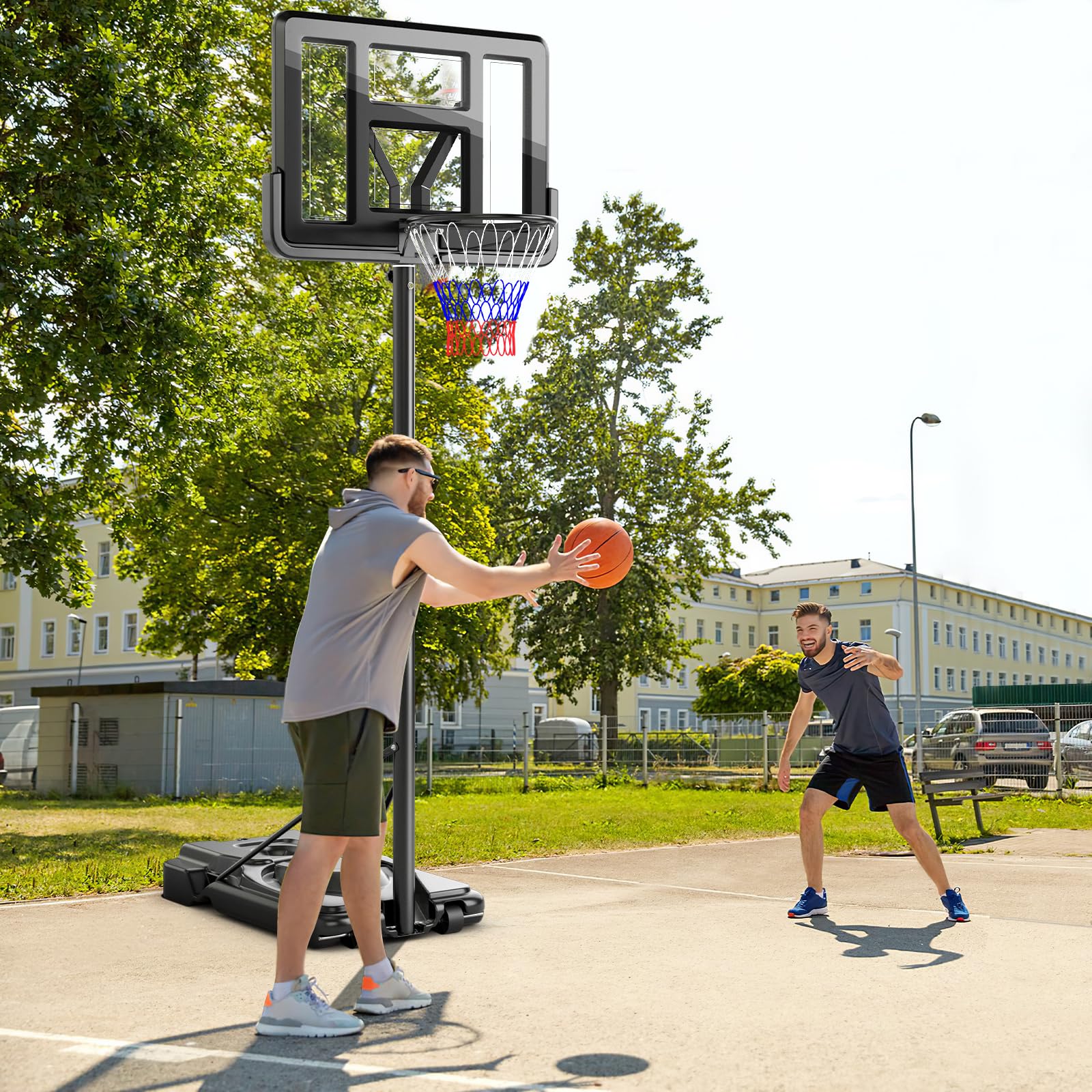 GOPLUS Kosz do koszykówki do użytku na zewnątrz, regulowana wysokość od 170 do 305 cm, kosz do koszykówki z tylną ścianką, stojak do koszykówki, przenośny stojak na kółkach, dla młodzieży i dorosłych