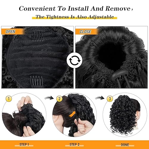 Miniatura 5 de PEACOCO Extensión de cola de caballo rizada con cordón para mujeres negras, cola de caballo sintética rizada con cordón con 2 clips en colas de