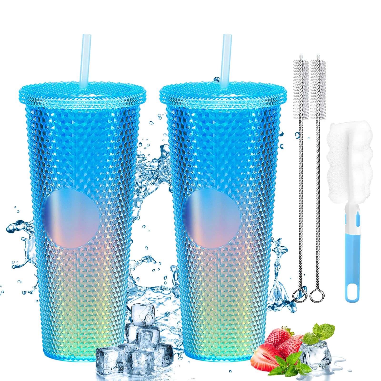 Trinkbecher Mit Deckel & Strohhalm – 750 Ml, 2 Stück, Schwarz Mit Nieten-Design, Inkl. Reinigungsbürste