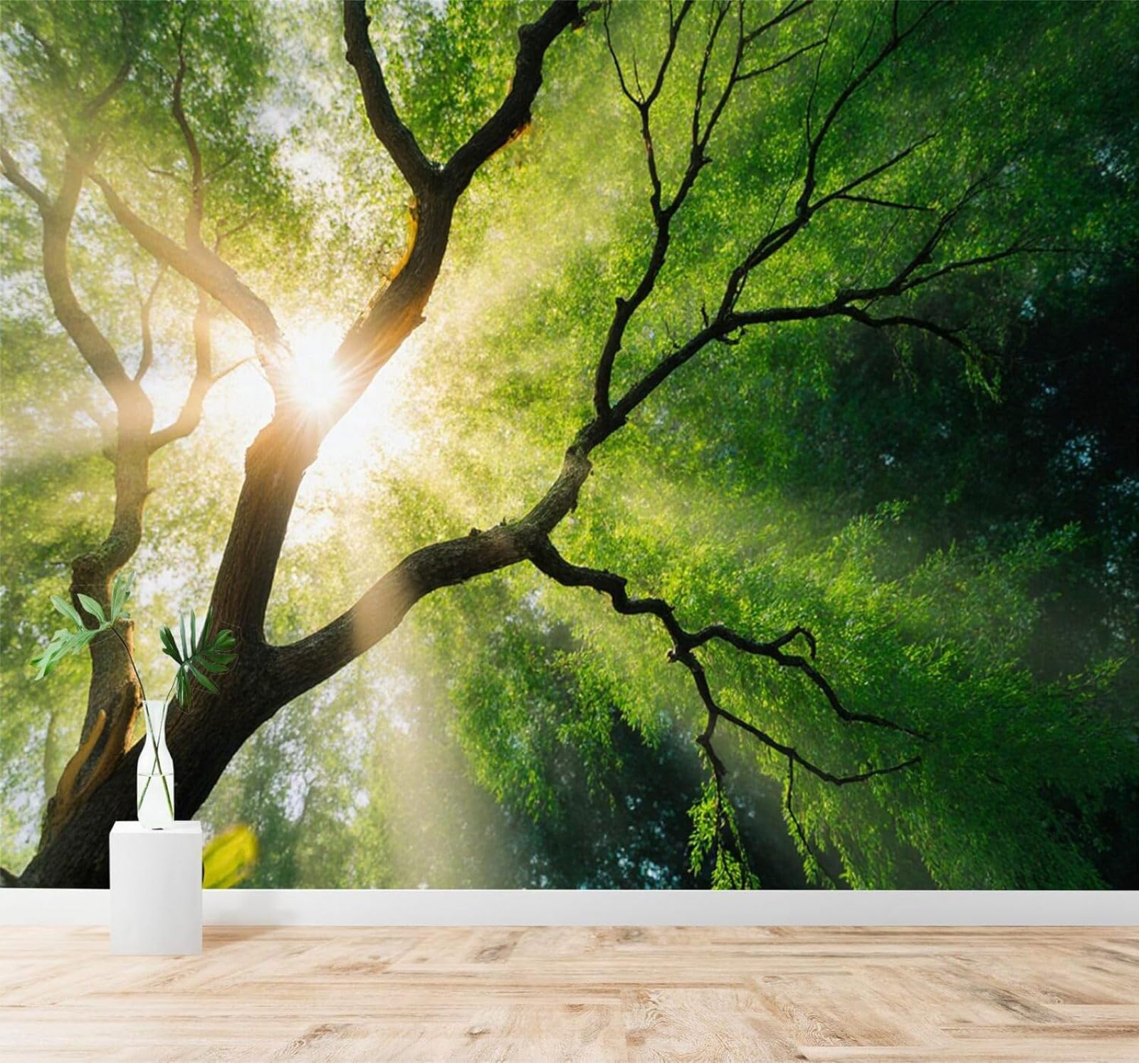 XLMING Sunlight Fresh Green Forest Trees Natural Landscape 3D Wallpaper Silky Texture Home Study Office Grey Dining Room Sofa Bedroom Living Room TV Backdrop-400cm×280cm