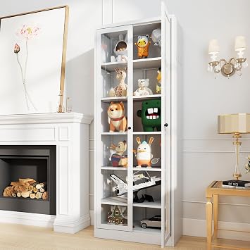 Display Cabinet, 72"H Storage Cabinet with Glass Doors and 5-Tier Adjustable Shelves, Metal Curio Cabinets, Freestanding Cupboard, Glass Display Case for Living Rooms, Assemble Required, White