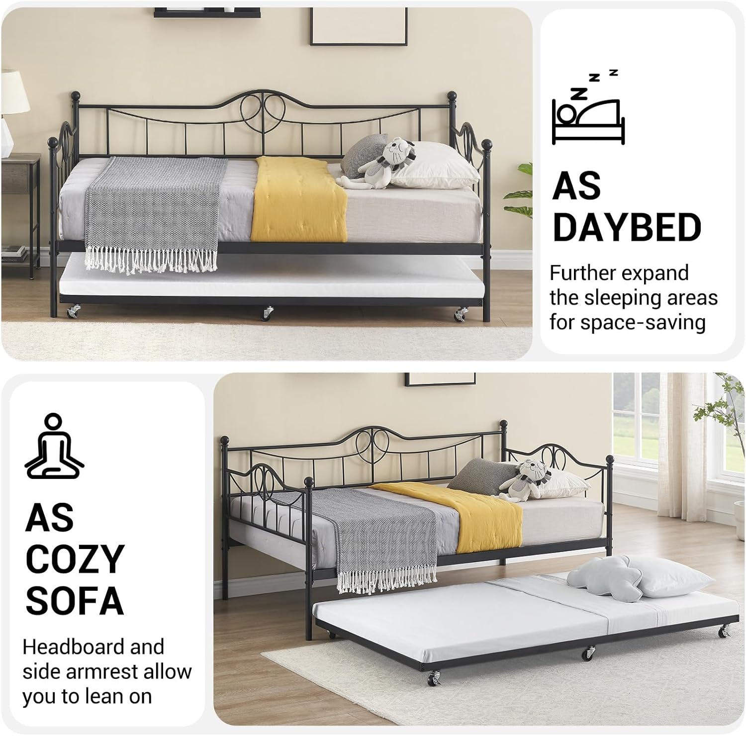 Twin Size Daybed Frame with Trundle, Metal Daybed with Headboard, Steel Slats Supports, Art Sweet Heart Design, Space-Saving Multifunctional for Living Room, Guest Room, No Box Spring Needed, Black