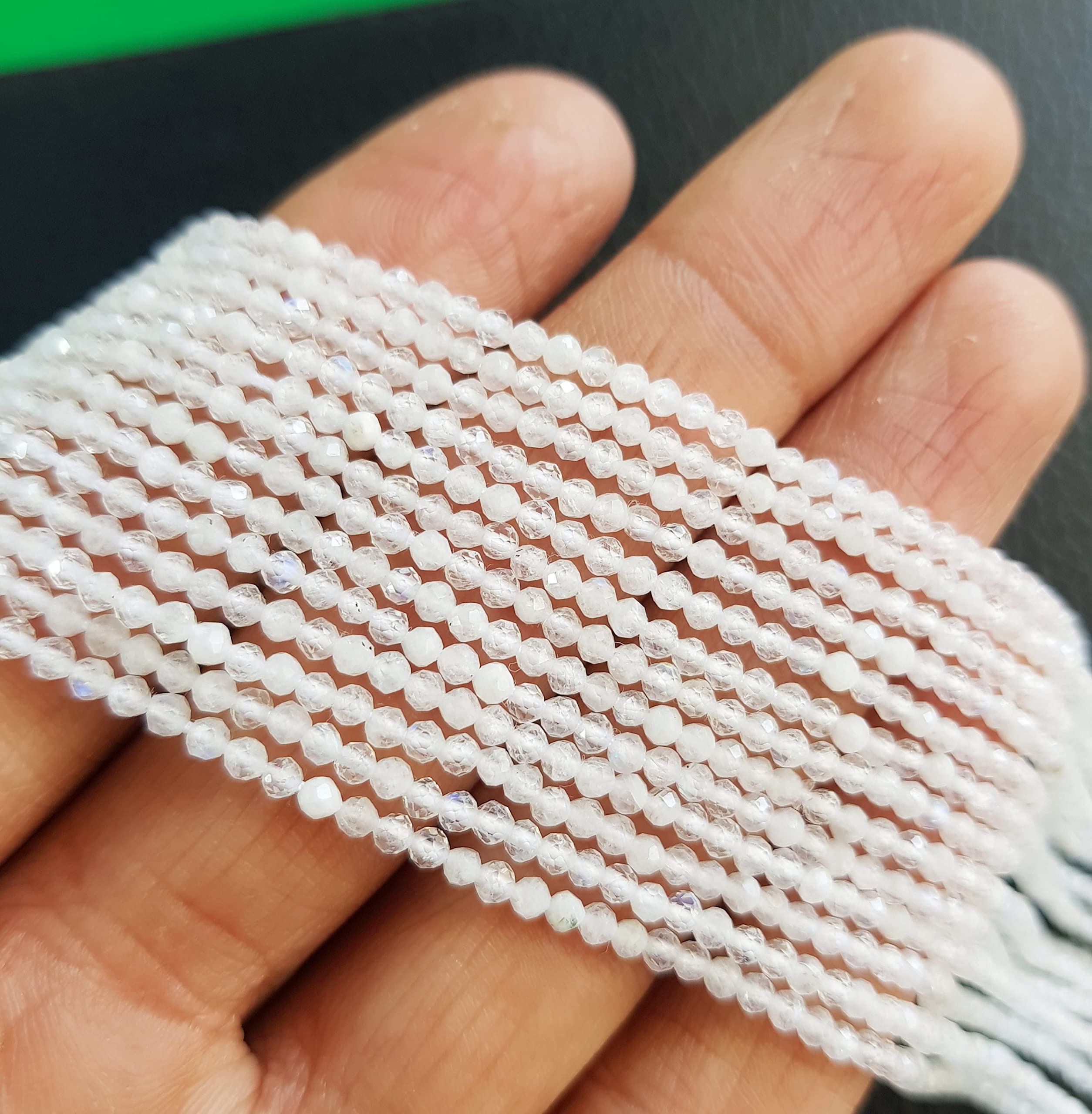 3 Strand White Rainbow Moonstone Gemstone Faceted Beads | Natural Gemstone Beads Jewelry Making 12 Inch Each Size - 2 MM Approx. [MSKU 09]