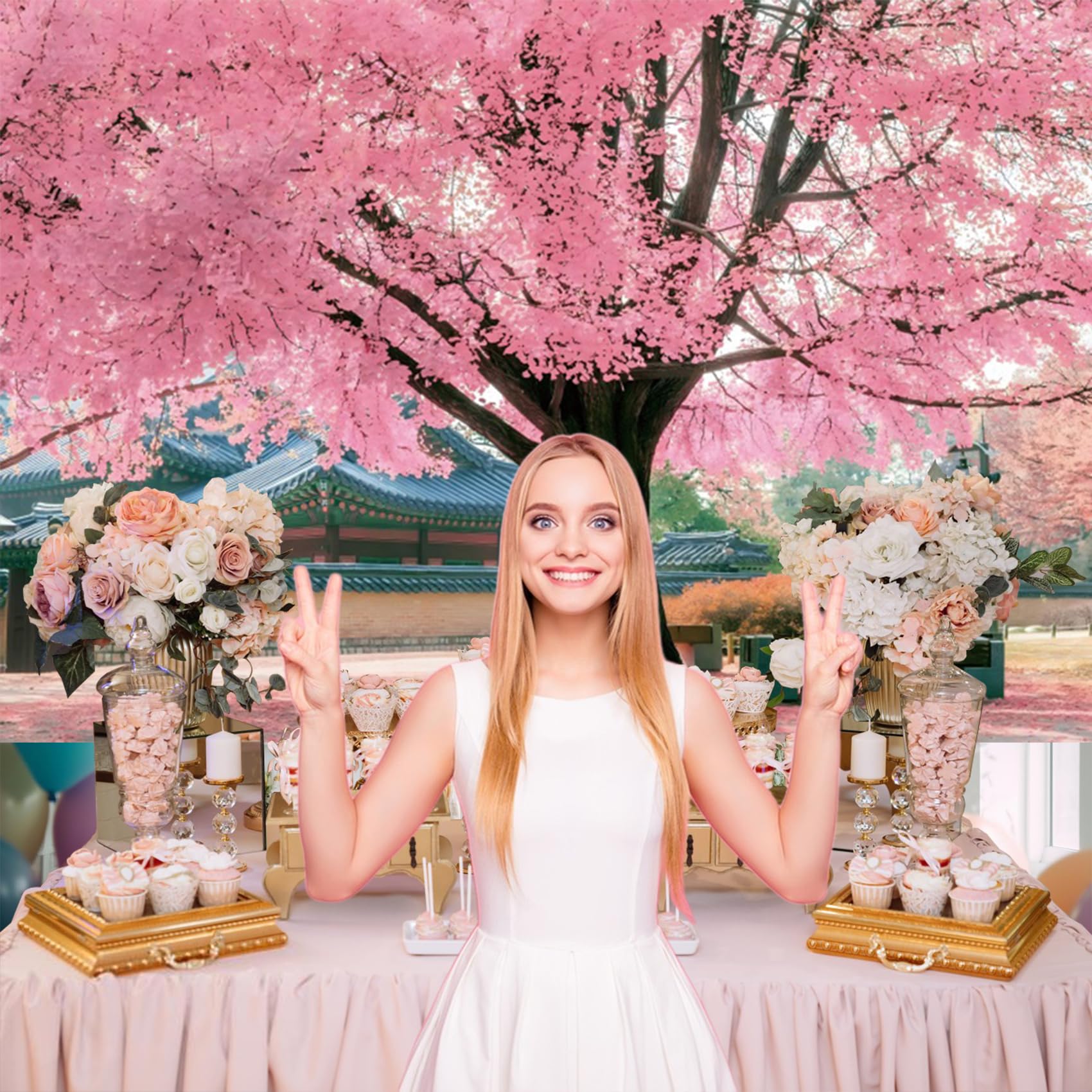 Renaiss 7x5ft Pink Floral Backdrop Romantic Cherry Blossom Blue Sky Sunshine Nature Scenery Polyester Photography Background for Wedding Kids Baby Birthday Party Decor Photo Props: 10x6.5ft WSNWH17693