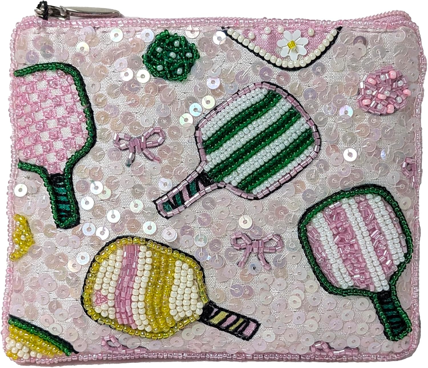 BTC Dazzling Pickleball Chic Beaded & Sequined Zip Card Case: Pink Multi Coin Purse with Essential Pouch for Women