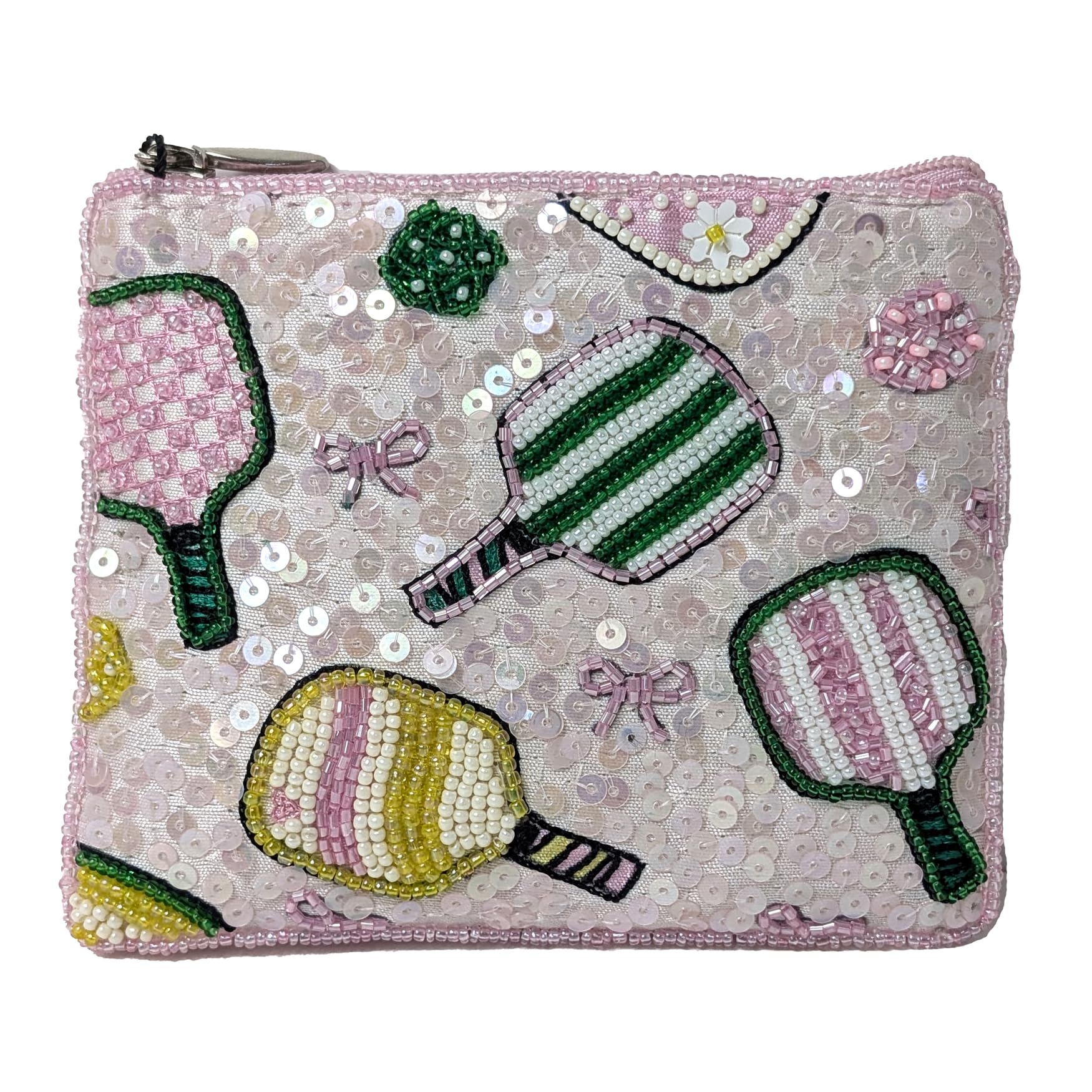 BTC Dazzling Pickleball Chic Beaded & Sequined Zip Card Case Essential Pouch Coin Purse Pink Multi