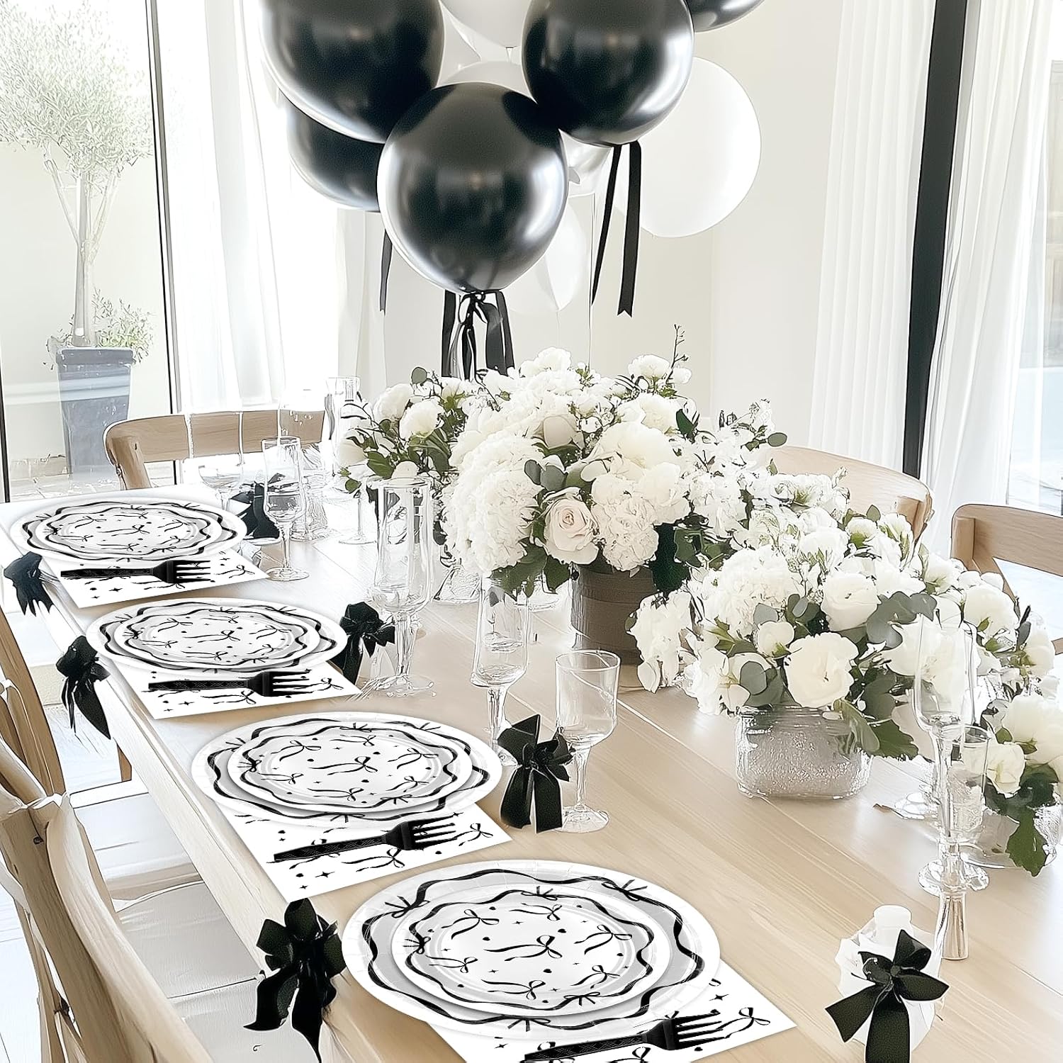 Avezano 96pcs Black Bow Plates and Napkins Black Bow Birthday Party Decorations Balck and White Bow Birthday Decorations Disposable Tableware Serve 24