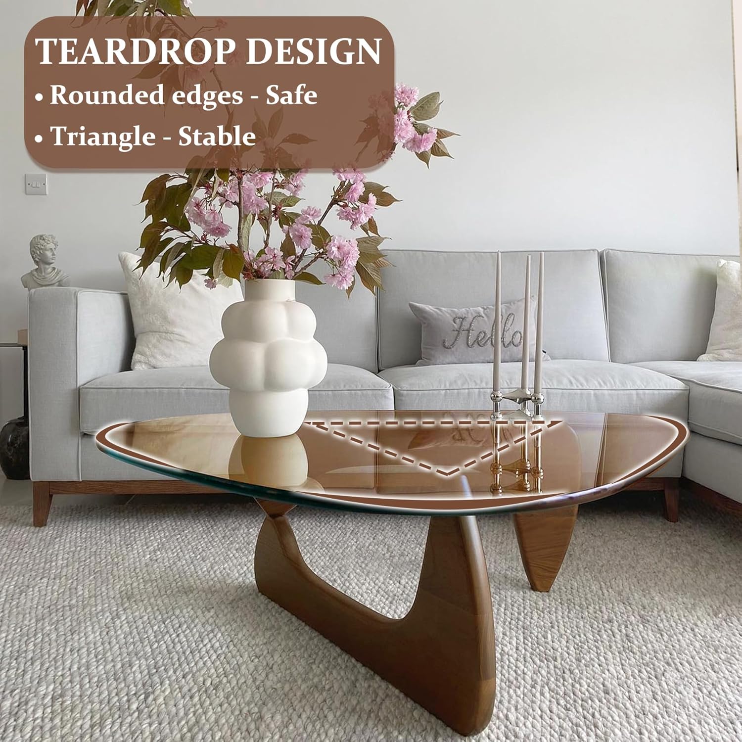 Triangle Coffee Table in Walnut Mid Century Modern Solid Wood Base and Triangle Clear Glass Coffee Table for Living Room Low Minimalist Tea TableCoffee Tables (36 * 25.6 * 16, Walnut Gray)