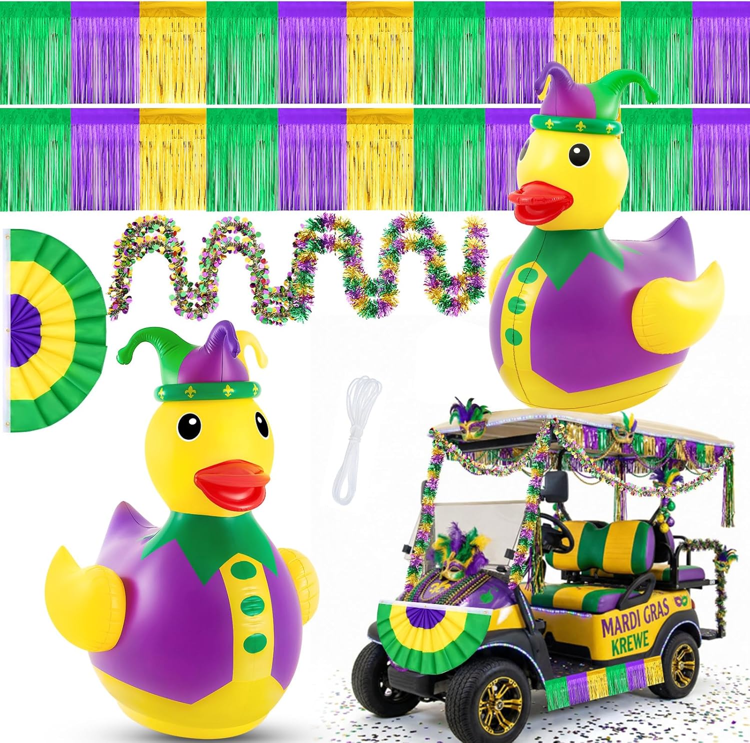 Hungdao 4ft Mardi Gras Inflatable Duck Decoration Kit – Giant Carnival Jester Duck with Tinsel Garlands & Streamers, Golf Cart, Parade Float, Yard & Pool Party Decor