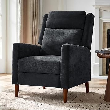HULALA HOME Velvet Push Back Recliner Chair, Mid-Century Modern Fabric Recliner with Plush Chenille Upholstery, Thick Padded Cushion and Neck & Back SupporBlack