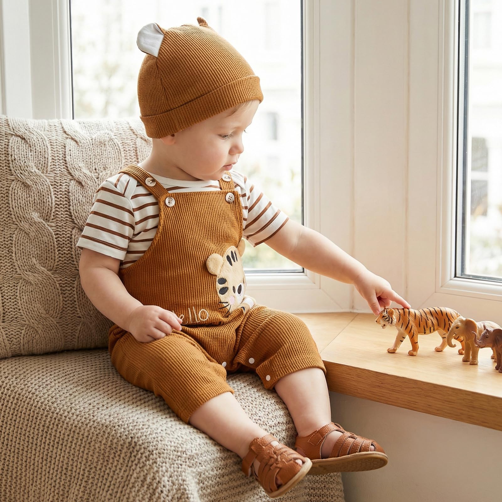 Ensemble Bébé Garçon 3 Pièces Tenue Bébé Garçon Barboteuse Rayée Salopette Brodée Chapeau Vêtement Mignon pour Garçons 0-18 Mois