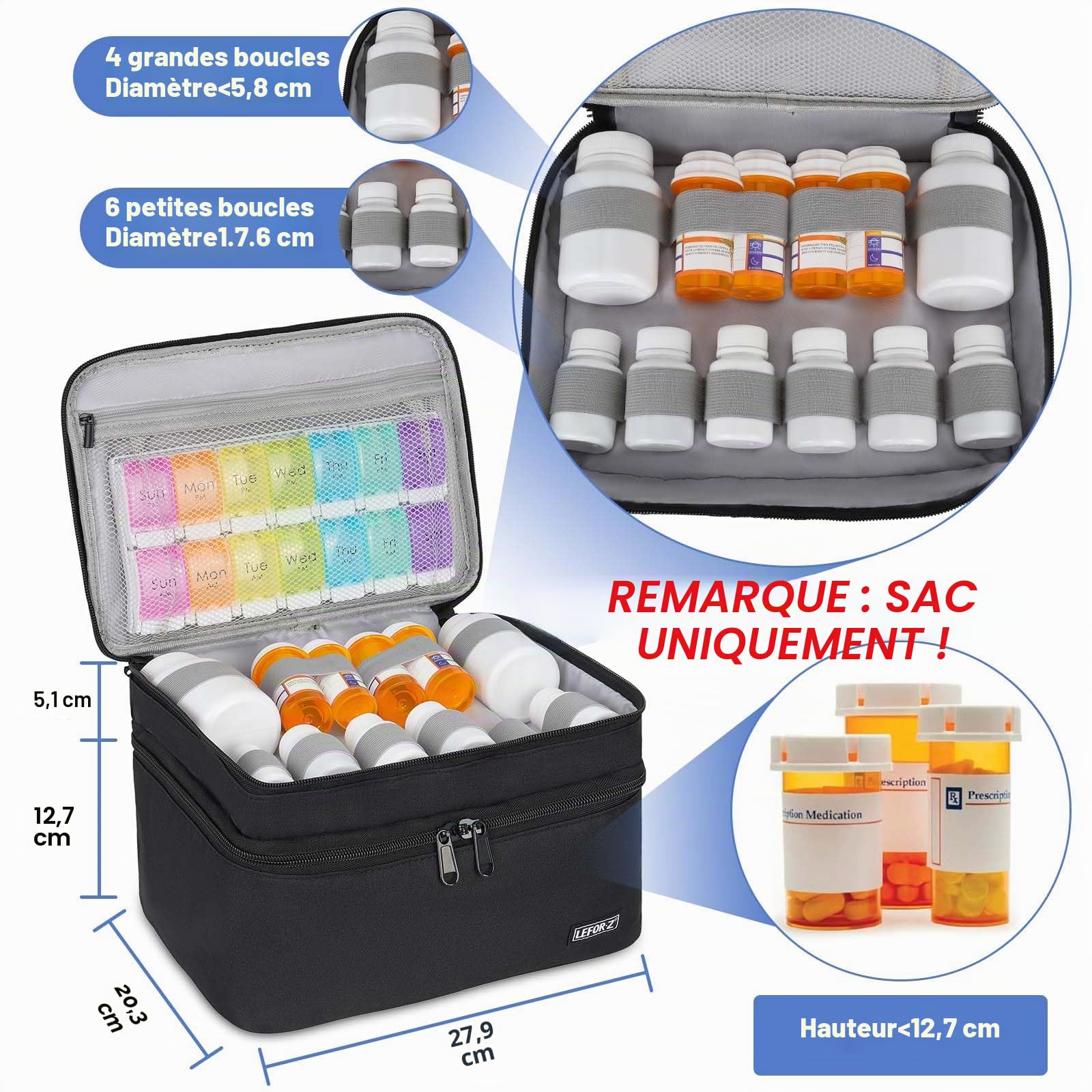 LEFOR·Z Boite a Medicaments Rangement,Double Couche,Sac de Rangement Vide avec Fermeture éclair Verrouillable et Séparateur Réglable,étui de Transport pour Médicaments,Pilules,Vitamines