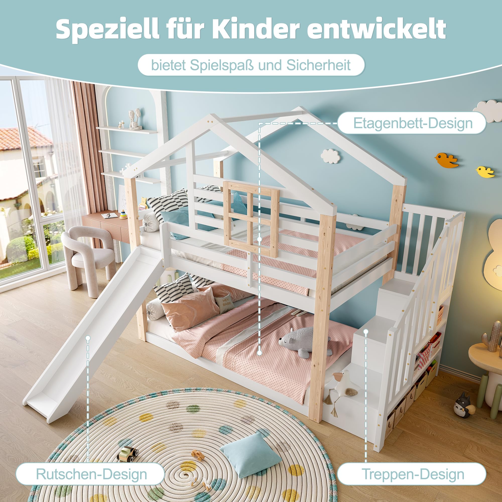 Zepneiy Lit Cabane Enfants 90x200 avec Toboggan et fenêtre, Lit Superposé 2 Places avec Rampe et Espace de Rangement, pour Les frères et sœurs, en Bois Massif Blanc (sans Matelas)