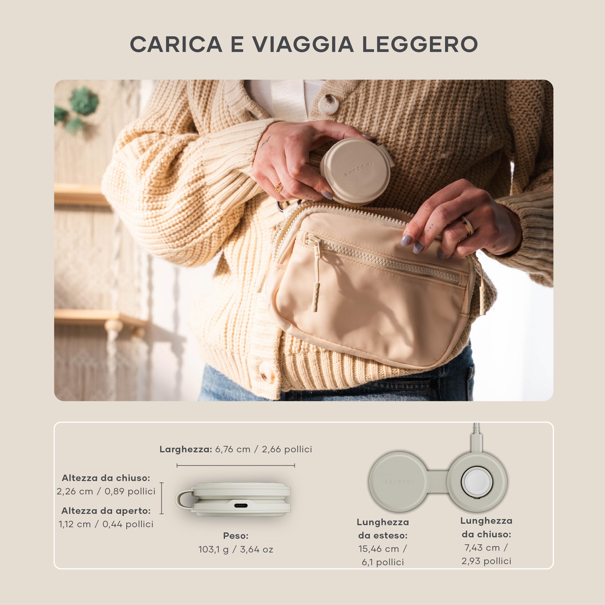SATECHI OntheGo™ Caricatore Wireless Pieghevole 2 in 1, Stazione di Ricarica Rapida Qi2 15W per Serie iPhone 17 16 15 a 12, 5W per Apple Watch e AirPods, Caricatore a Induzione da Viaggio – Beige | 5W per Apple Watch, supporto magnetico da viaggio, compat