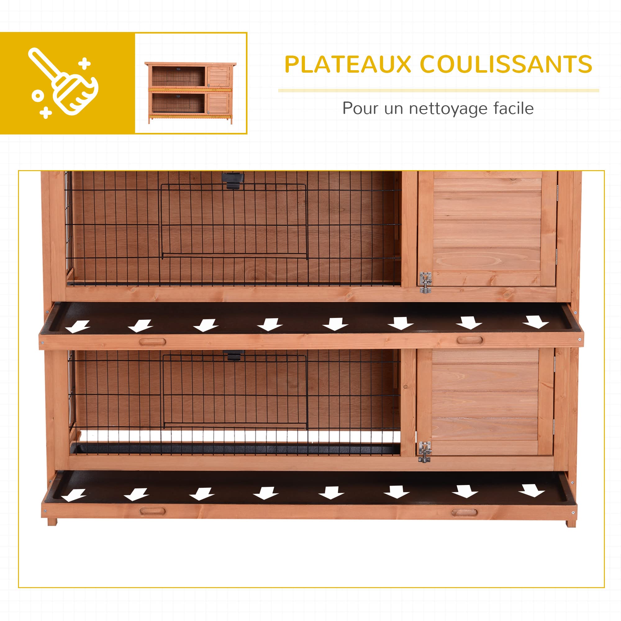 PawHut Clapier sur Pieds Cage à Lapin Double Niveau Plateaux excréments coulissants 4 Portes verrouillables dim. 137L x 50l x 93H cm Bois Massif pin Toit bitumé Vert