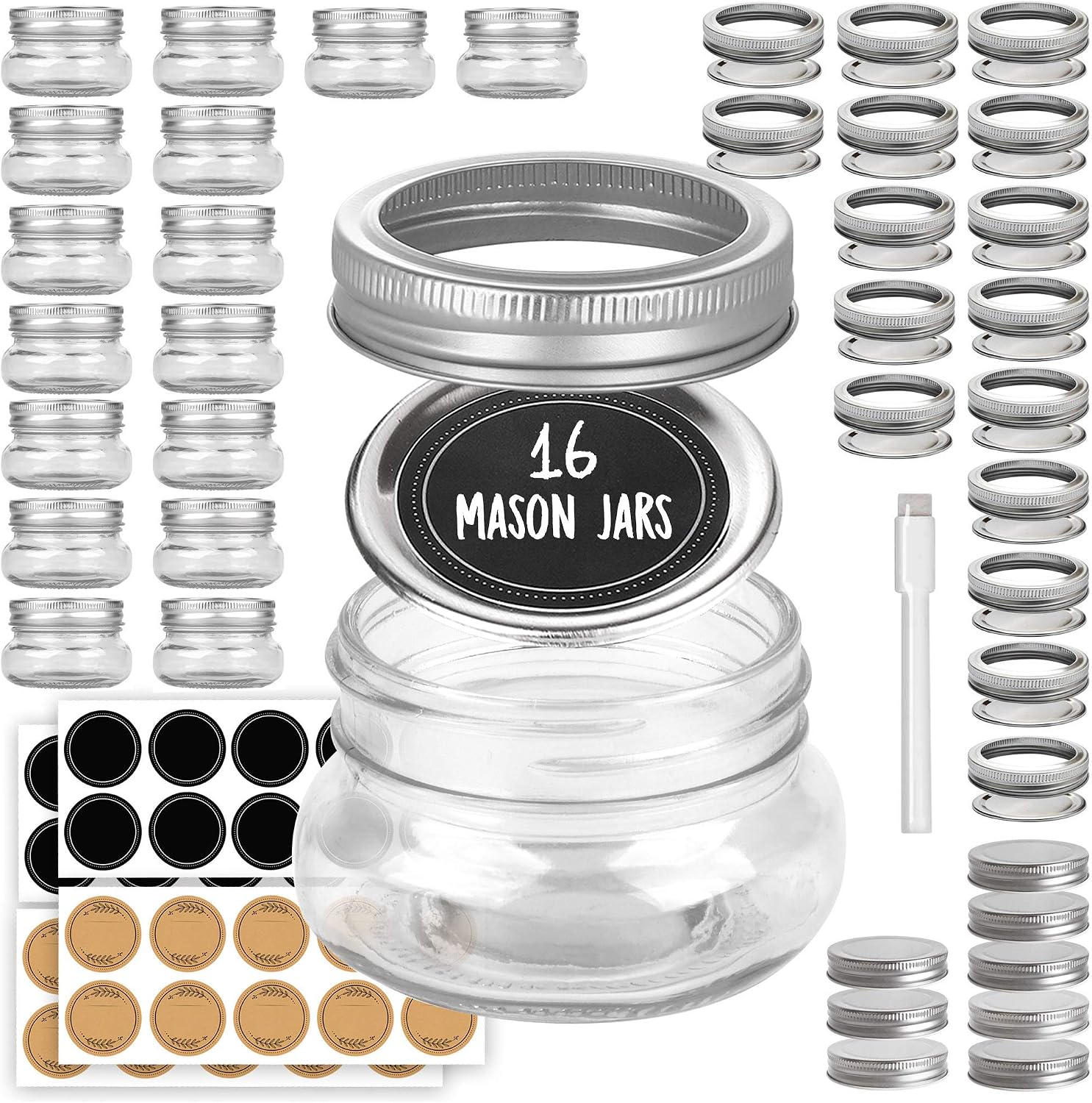Mini Mason Jars Round 4 oz - Small Canning Glass Jars with Lids - 16 Pack Cute Jars with 40 Labels & Chalk Marker, Clear Containers for your Candy, Jelly, Overnight Oats, Yogurt, Honey & Baby Food