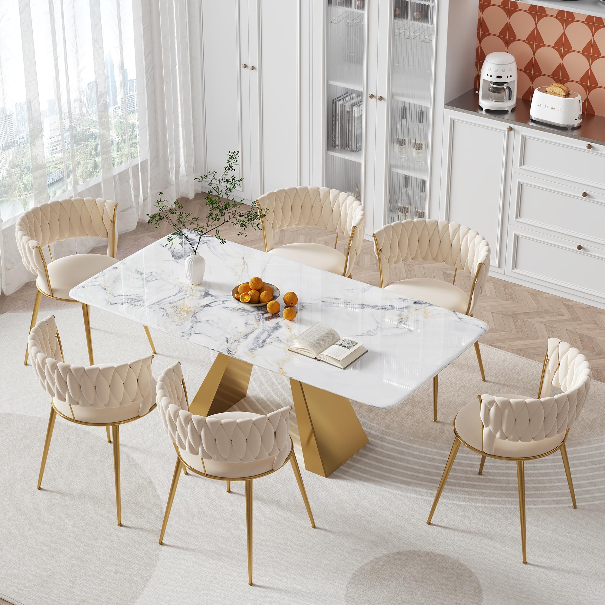 Samt Stuhl, Schalenstuhl mit Armlehne, Esszimmerstühle, Sessel Modern mit Goldenen Metallbeinen und Weichen Kissen für Esszimmer, Wohnzimmer und Schlafzimmer (2er-Set, Beige-2)