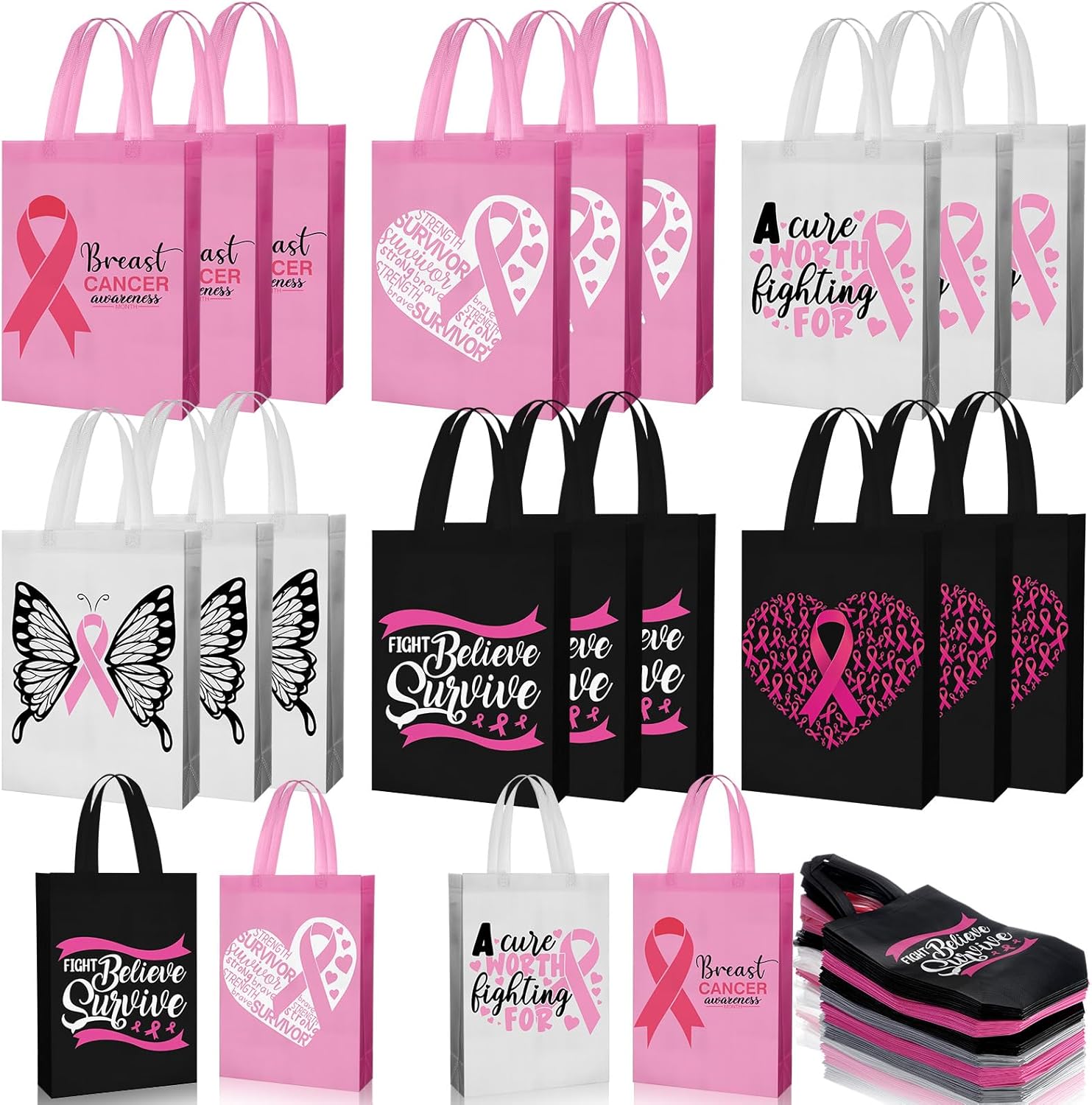 Silkfly 60 Pcs Breast Cancer Awareness Tote Bags Bulk