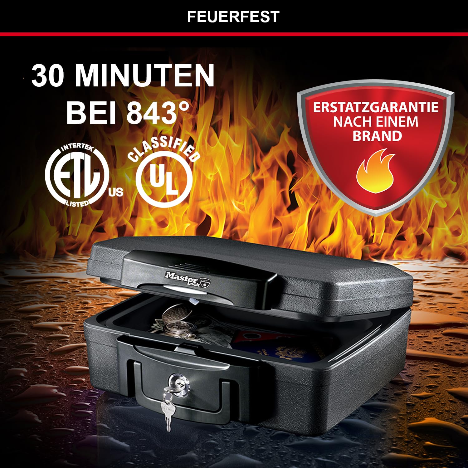 Master Lock Tresor Feuerfest und Wasserdicht mit Schlüssel, Dreifacher Schutz - Flug, Feuer und Flut, 4.9L, 15.6 x 36.2 x 33 cm