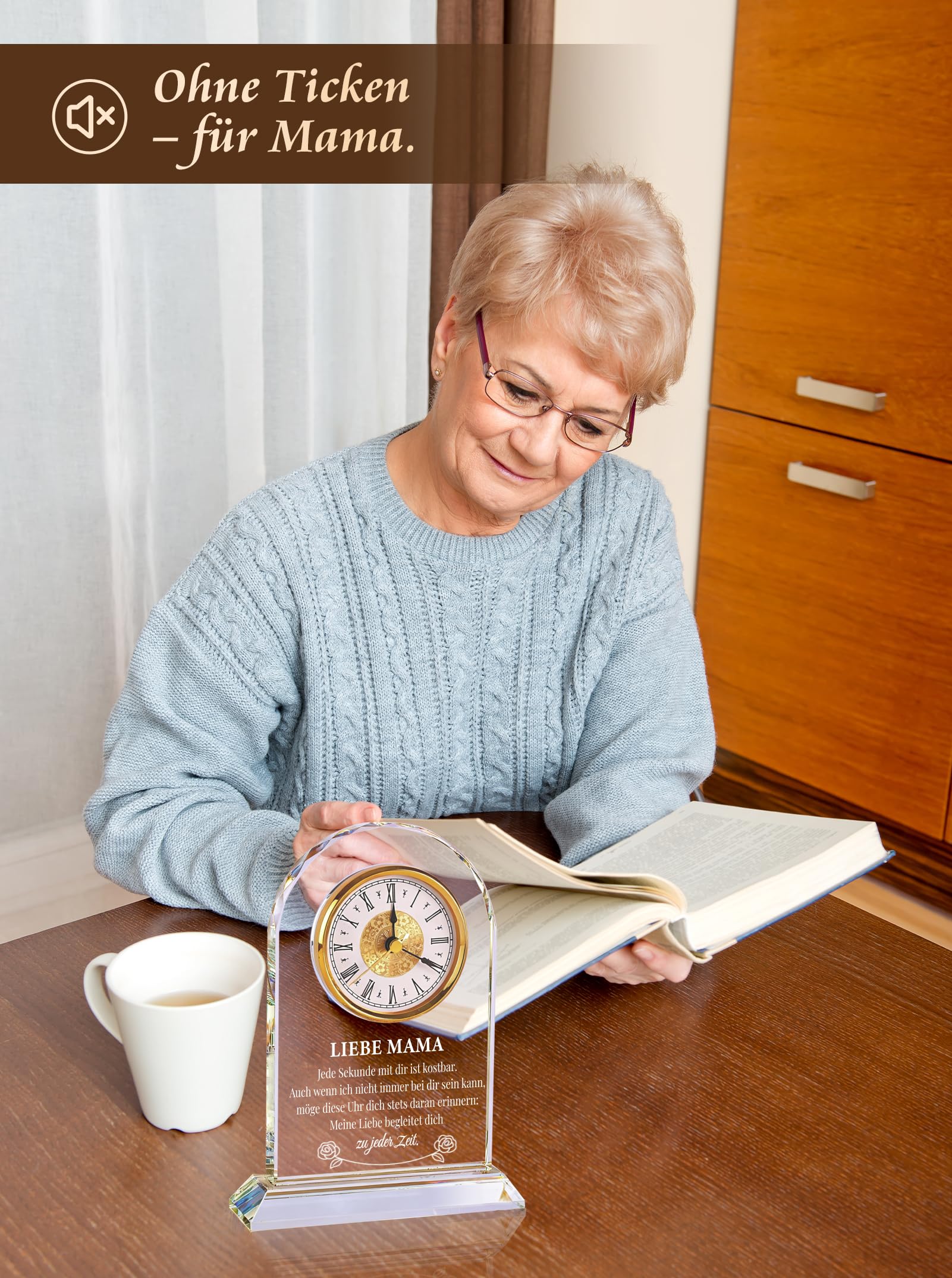 Geschenk für Mama zum Geburtstag & Muttertag – Edle Glasuhr mit Spruch von Tochter & Sohn – Besondere Geschenkideen für Frauen – Dekorative Tischuhr in Geschenkbox