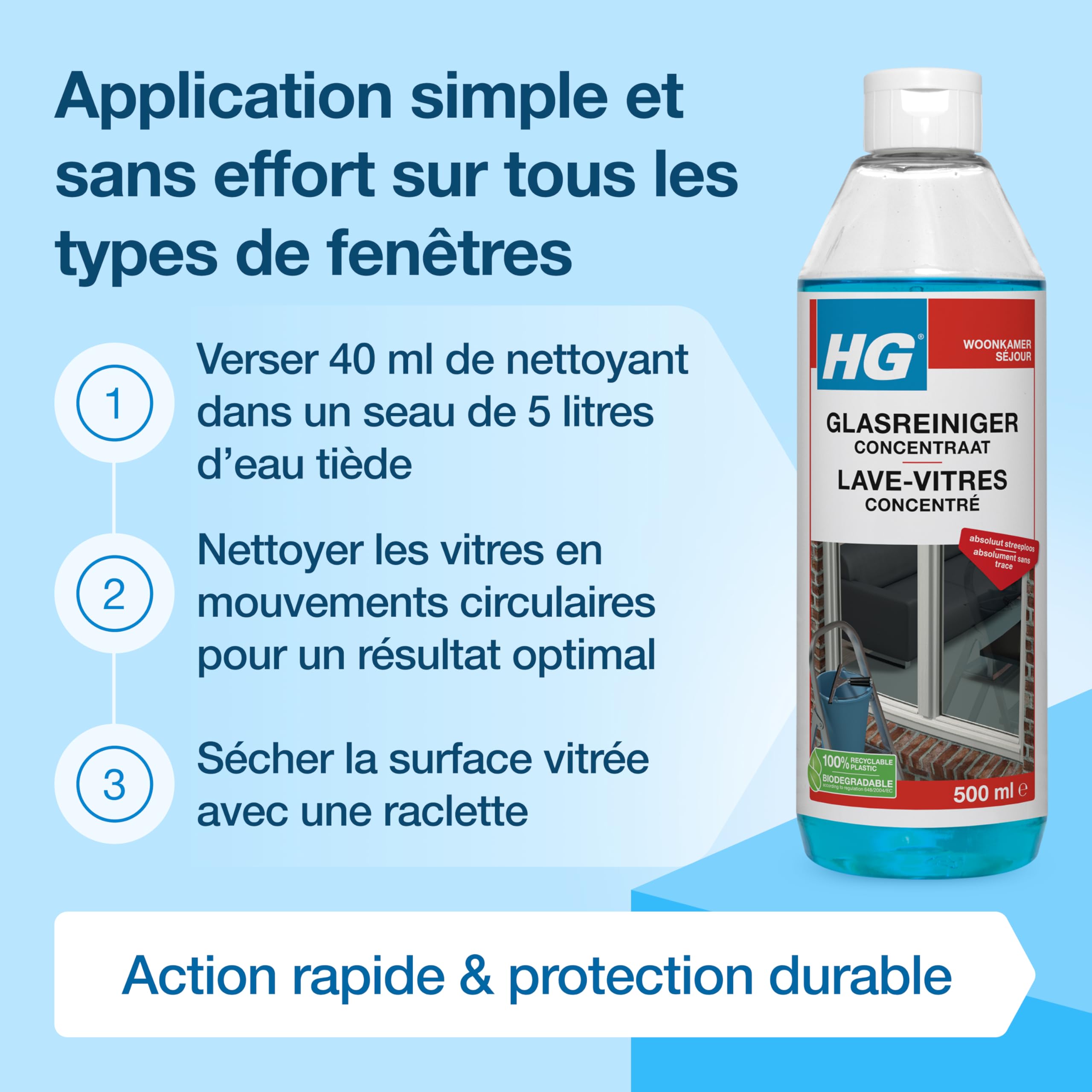 HG Nettoyant pour Vitres, Concentré professionnel, brillance sans traces – 500 ml