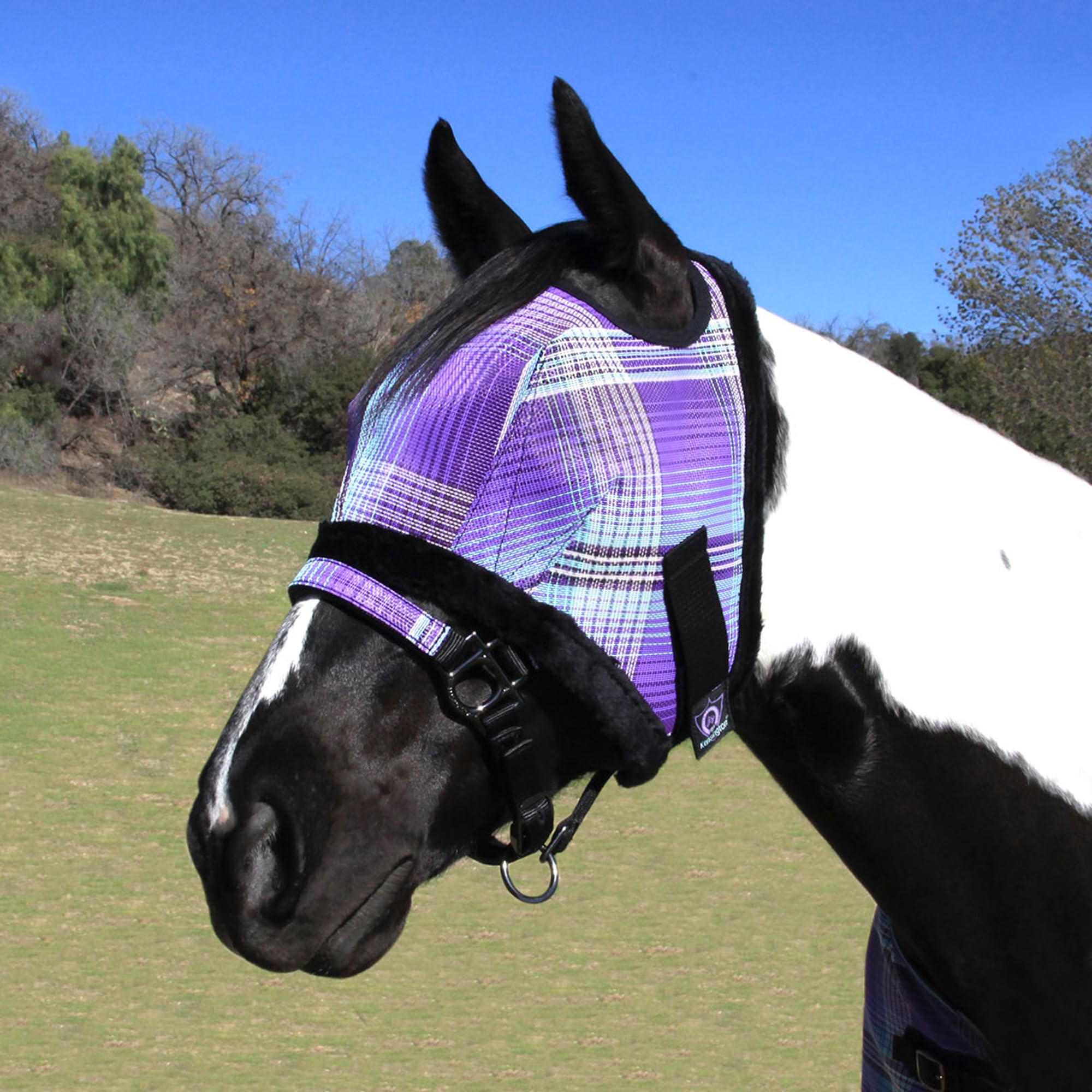Kensington - Máscara antimoscas con ribete de forro polar para caballos, protege la cara y los ojos de las moscas y los rayos del sol mientras permite una visibilidad completa, transpirable y no