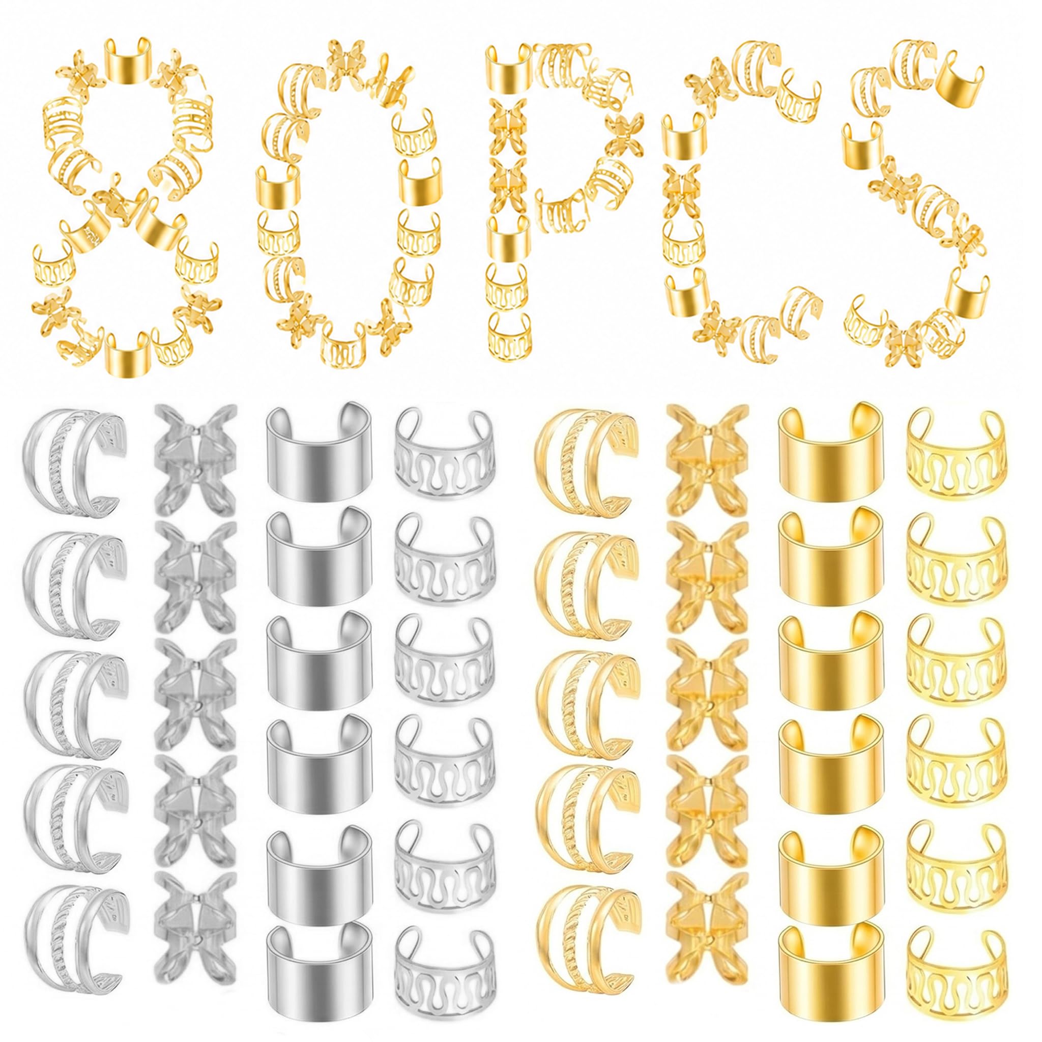 80 Pezzi Anelli per Capelli Oro e Argento, Gioielli per Capelli Treccine Africane in Alluminio Flessibile, Accessori Decorativi per Dreadlocks e Acconciature Hip Hop per Donna e Uomo